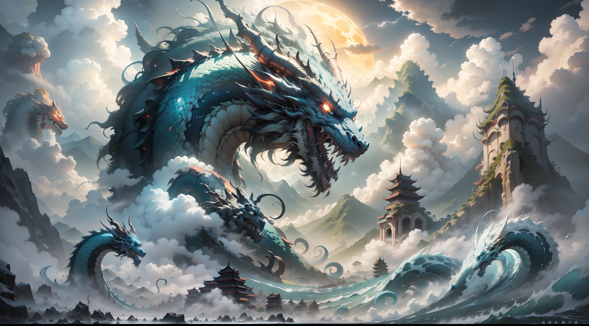 A huge dragon like a mountain devours the sun and the moon, black water is surging, (waves rushing into the sky), fairy mountain islands, (pavilions in mid-empty clouds), ((clouds and mist)), roaring, fierce, ((Chinese mythology)), high quality, ultra-detailed, detailed, accurate, (masterpiece), master work, (16k resolution), movie lighting, dynamic perspective
117/2000