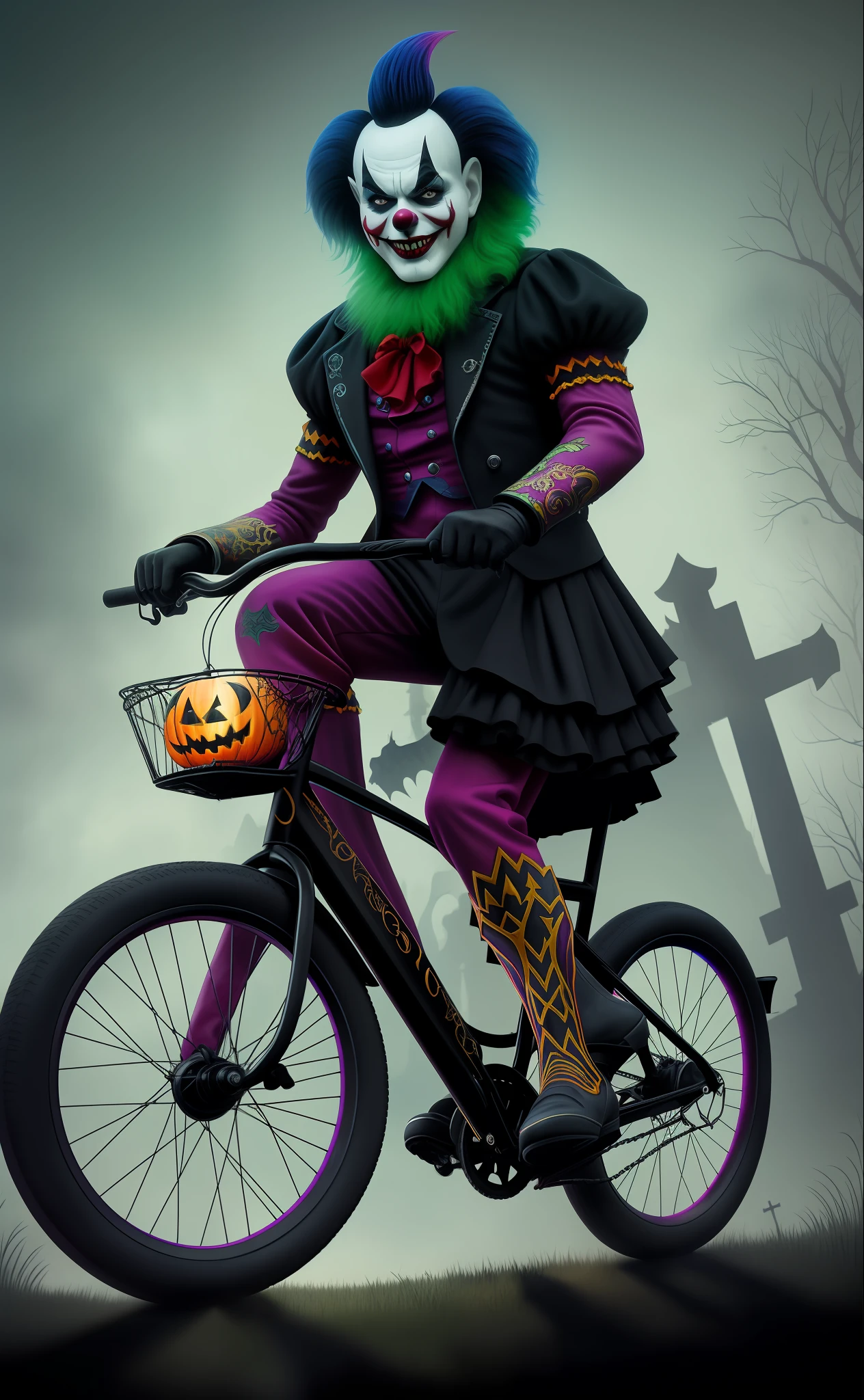 Dark Elegance, detailed portrait of evil clown rides a bike, skull, Halloween, dark fantasy, cemetery ambience, digital illustration, psihodelic color, rim lighting, dynamic lighting, intricate detail, sharp focus, 4k resolution, octane render, perfect composition, muted color, watercolor style