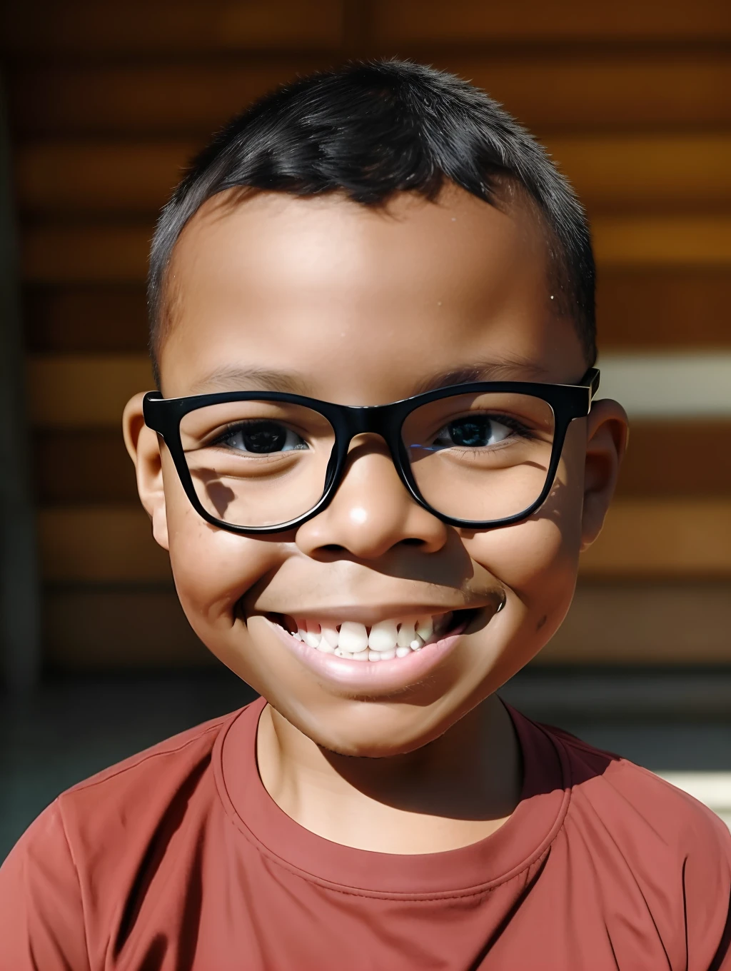 guttonerdreliberate1, smiling 3--old  wearing glasses, The portrait captures the subject with stunning detail and clarity, showing his unique features and expressions. The image has a high resolution and dynamic range, with a shallow depth of field that draws the viewer's attention to the subject's face. Lighting is skillfully used to create a sense of warmth and dimensionality by highlighting the subject's skin tones and textures. The composition is well balanced, with the subject positioned off-center and the background providing a subtle but meaningful context. Overall, the image is a true testament to the photographer's skill and artistry