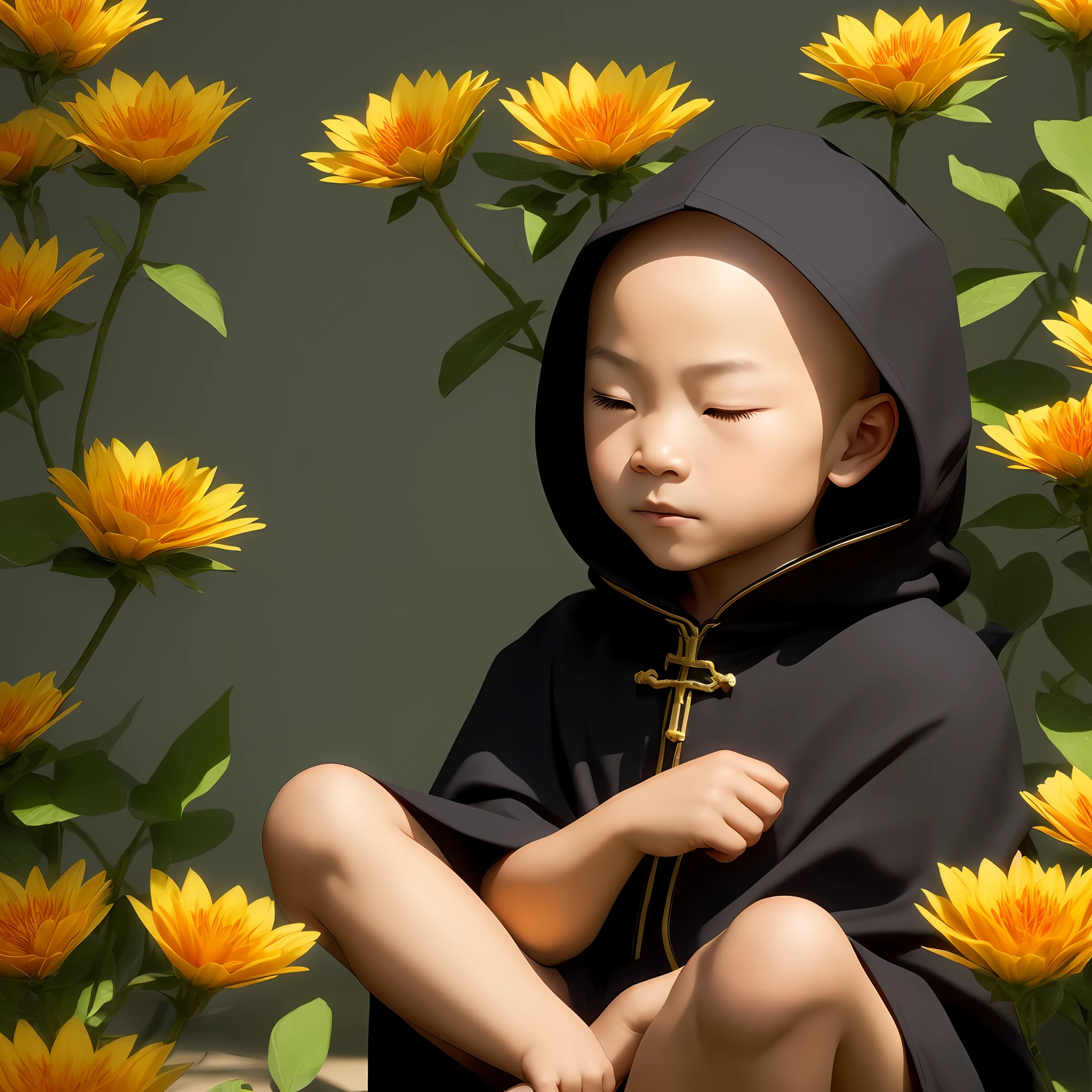 Asian child, looking 7 to 10 years old, bald, sits cross-legged on a piece of flowers with his eyes closed in deep meditation wearing a hood and cape, his stoic expression remains intact, (extremely detailed CG), ((Realistic shadows:1.2)), ((Realistic lighting: 1.1)), [Highest quality], (8K:1.1), ultra-detailed, ((perfect shadows)), better lighting, better shading,  (masterpiece), (best quality:1.0), (ultra highres:1.0), well designed body, (subject in focal point)