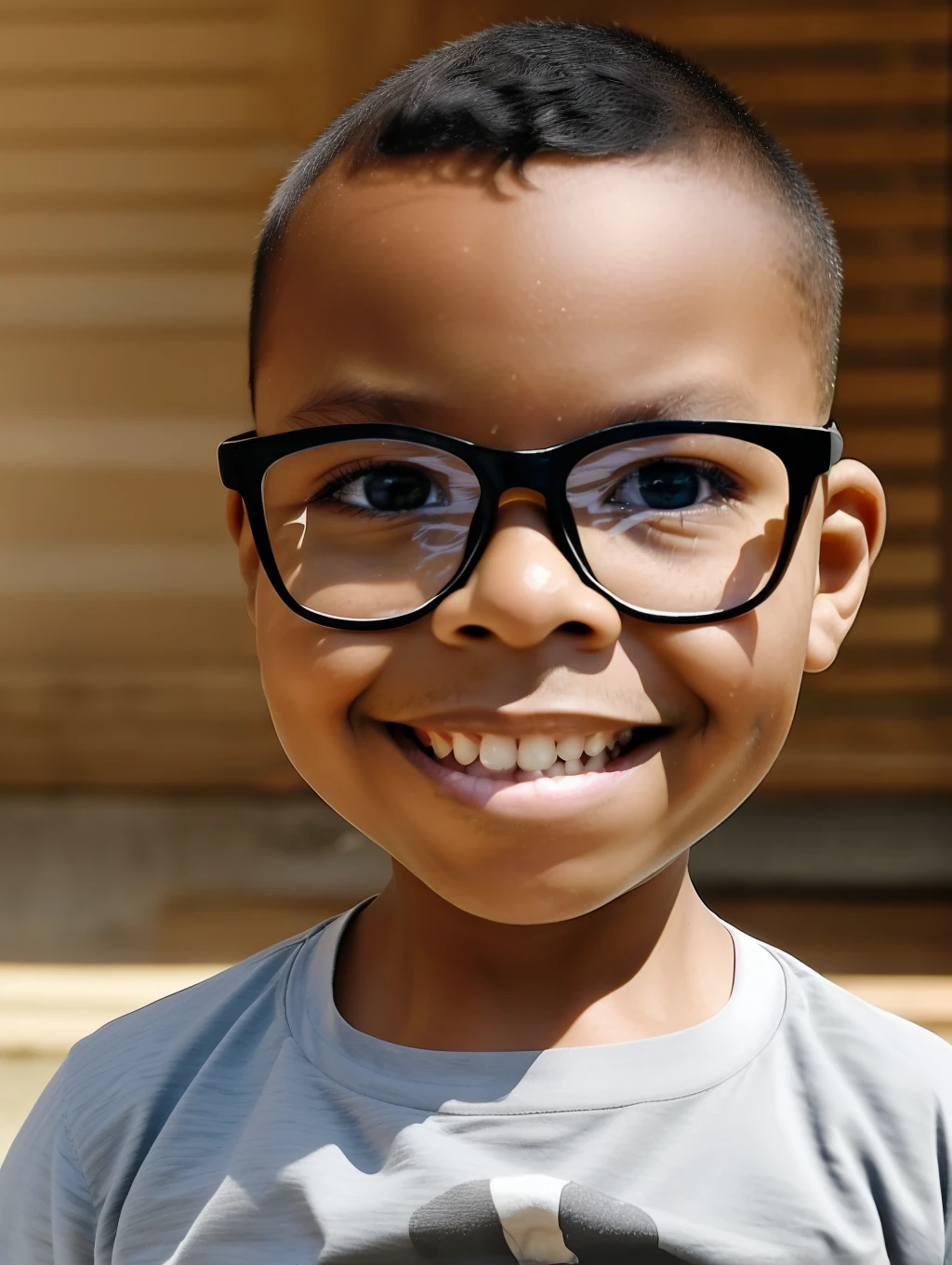 guttonerdreliberate1, smiling 3-year-old boy wearing glasses, The portrait captures the subject with stunning detail and clarity, showing his unique features and expressions. The image has a high resolution and dynamic range, with a shallow depth of field that draws the viewer's attention to the subject's face. Lighting is skillfully used to create a sense of warmth and dimensionality by highlighting the subject's skin tones and textures. The composition is well balanced, with the subject positioned off-center and the background providing a subtle but meaningful context. Overall, the image is a true testament to the photographer's skill and artistry