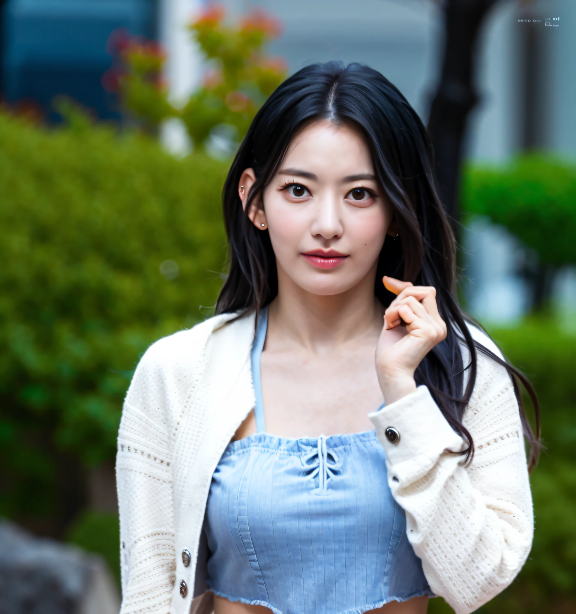 a girl ,garden background, (8k, best quality, masterpiece:1),(intricate details:1),(photorealistic:1.5),octane render, complex 3d render ultra detailed, studio soft light, rim light, vibrant details, ultra detailed, realistic skin texture, detailed face, beautiful detailed eyes, extremely detailed CG unity 8k wallpaper, makeup, (detailed background:1.2), (cowboy shot:1.2),(perfect anatomy:1.2), (one personin frame only :1)