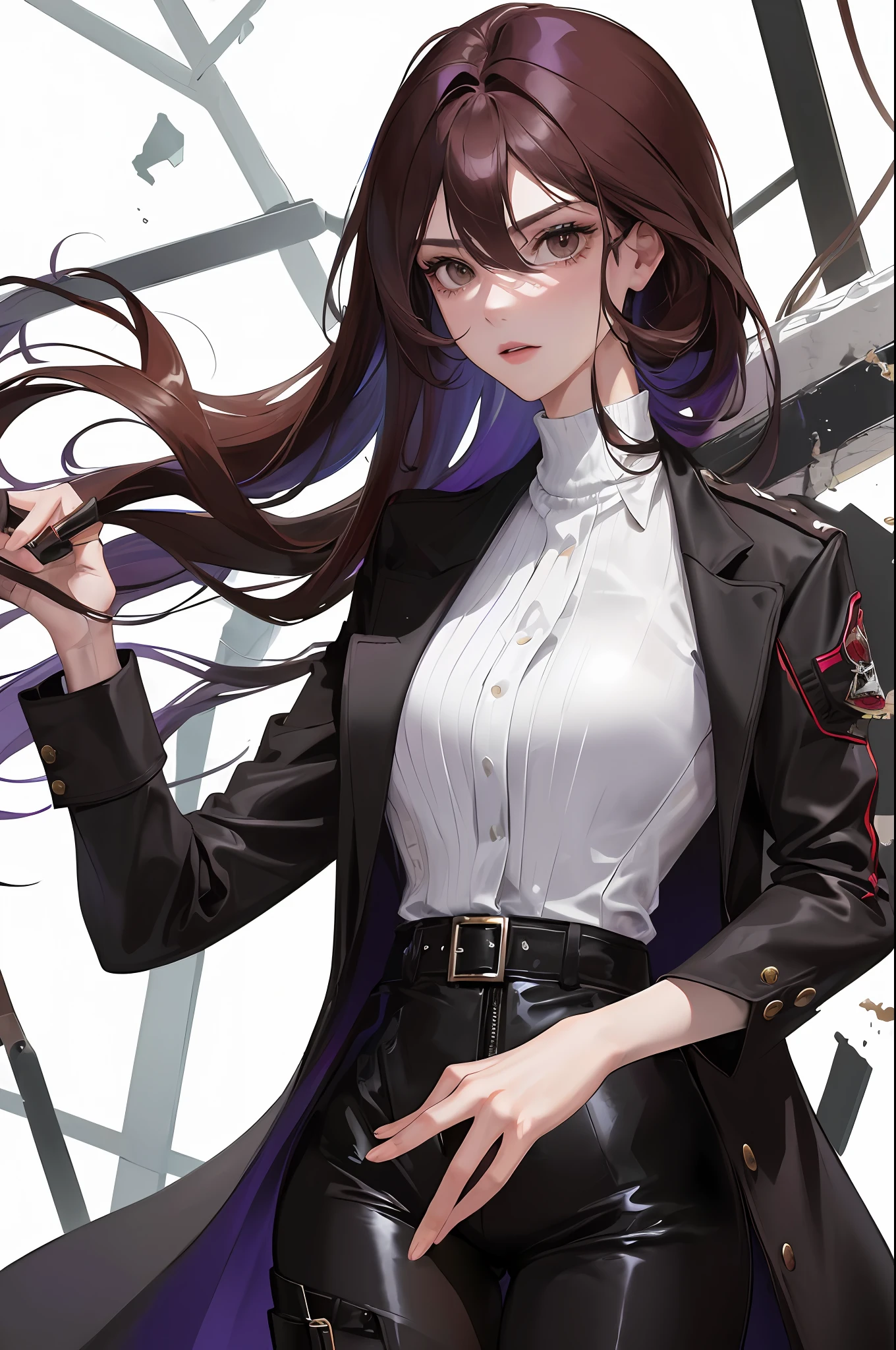 (higher resolution, distinct image) Best quality, masterpiece of a woman, highly detailed, semi-realistic, (most of the body), long purple hair, bangs, 18 years, young, closed suit, black and red flight suit, aviator suit, turtleneck shirt, Sharp face, (brown eyes, hair between eyes), fluorescent long coat (broken glass), (smooth white background), cold, serious, authoritative, powerful, (standing painting), (exquisite facial features, exquisite facial features)