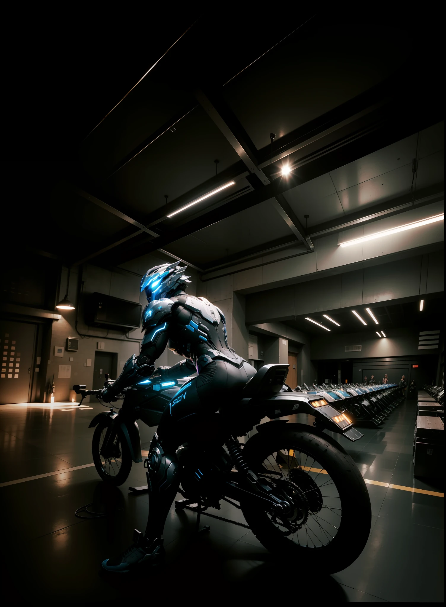 (Masterpiece: 1.2), Best Quality, High Score, Uniform 8k Wallpaper, (Illustration: 1.0), Beautiful Detailed, Very Detailed, Perfect Lighting, Very Detailed CG, Glowing Eyes, Backlight, Armor, Bust Mech, 1boy, Man, Strong, Tattoo on Leg, Warframe, Humanoid Robot, Helmet, Sample Background, Weapon, blue_armor, Looking at the Audience, Solo, Perspective, Black and white bike, black clothes, blue light, shorts, strong muscles, pink shoes,