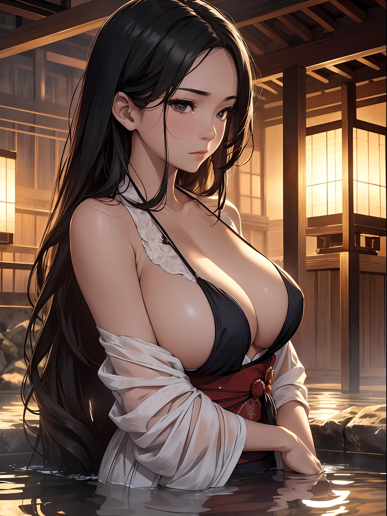 Best quality, cinematic composition, eye-catching close-up shot, intricate details, delicate skin texture, Japanese architecture, atmospheric lighting, steamy hot spring (onsen), alluring and elegant woman with long black hair, traditional sleeveless yukata, big boobs, deep cleavage, gentle curves, calm and serene expression.