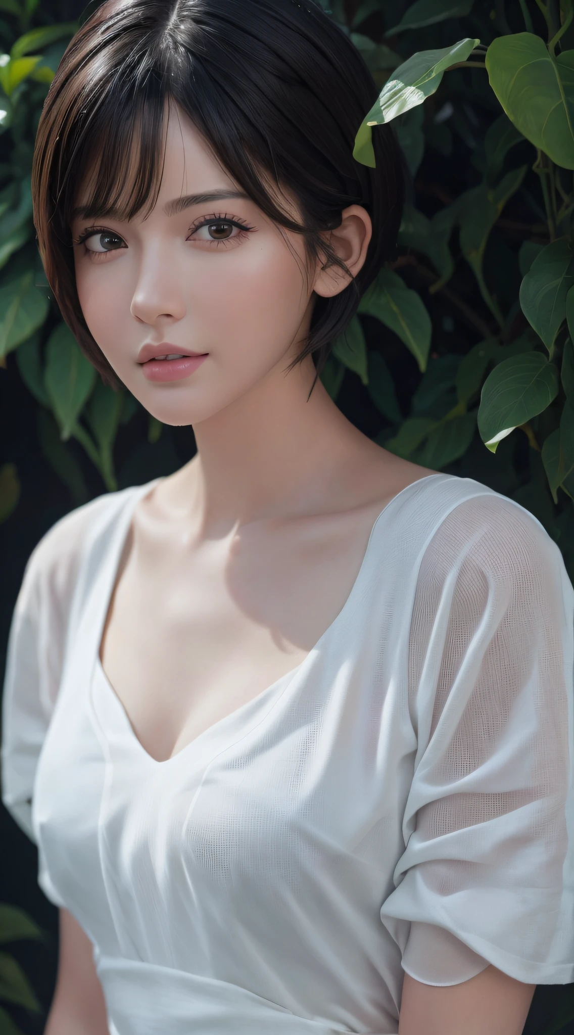 (Masterpiece: 1.3), (8k, Photorealistic, RAW Photo, Best Quality: 1.4), (1girl), Beautiful Face, (Realistic Face), (Black Hair, Short Hair: 1.3), Beautiful Hairstyle, Realistic Eyes, Beautiful Detail Eyes, (Realistic Skin), Beautiful Skin, (Wet White Clothes), Absurd, Attractive, Ultra High Definition, Ultra Realistic, High Definition, Golden Ratio