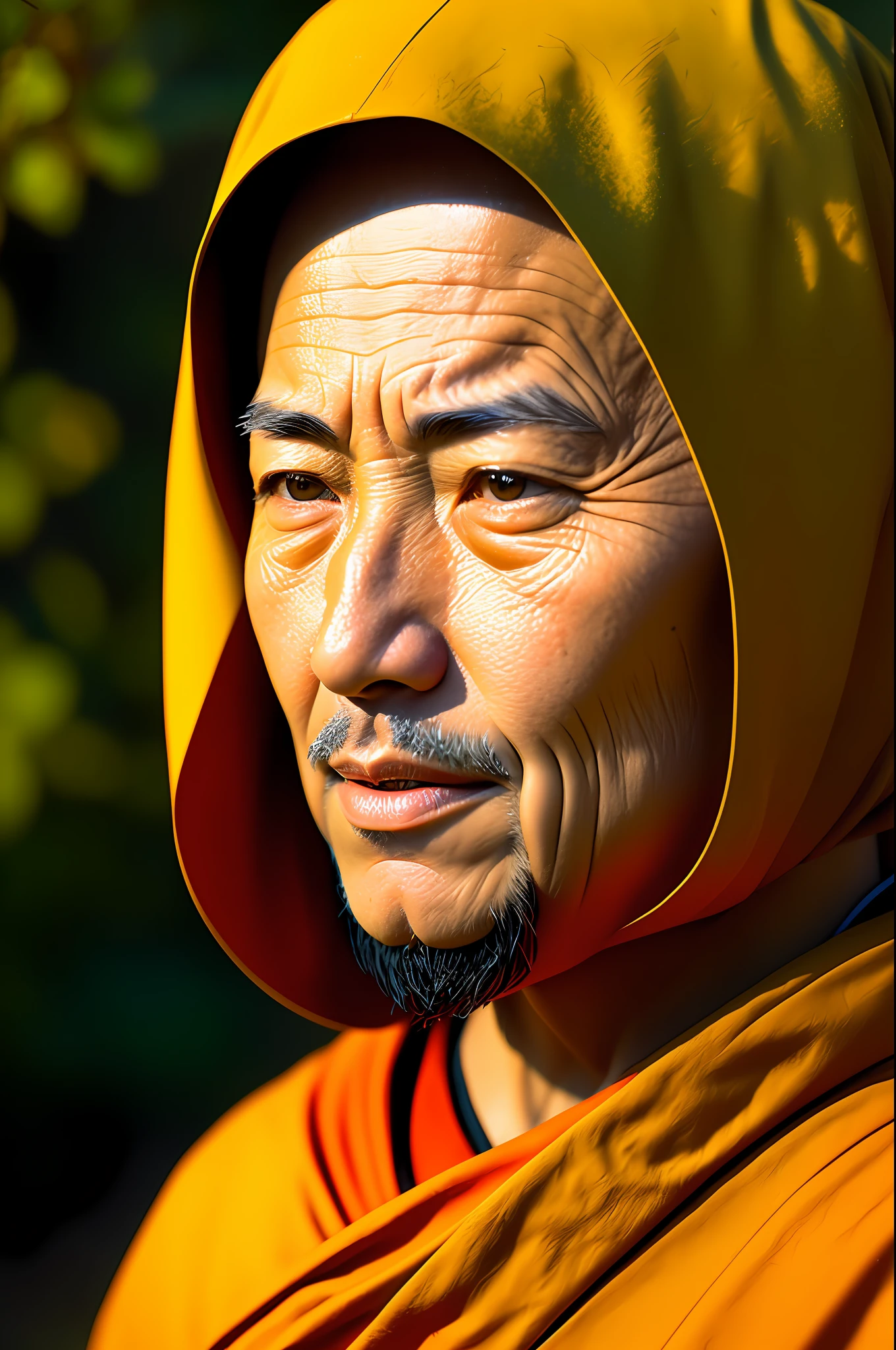 The old Asian Zen monk, with his eyes open in deep meditation, wearing a hood and cape, his stoic expression remains intact, (extremely detailed CG), ((Realistic shadows:1.2)), ((Realistic lighting: 1.1)), [High quality], (8K:1.1), ultra-detailed, ((perfect shadows)), better lighting, better shading, (masterpiece), (best quality:1.0), (ultra highres:1.0), well-designed body, (subject in focal point)