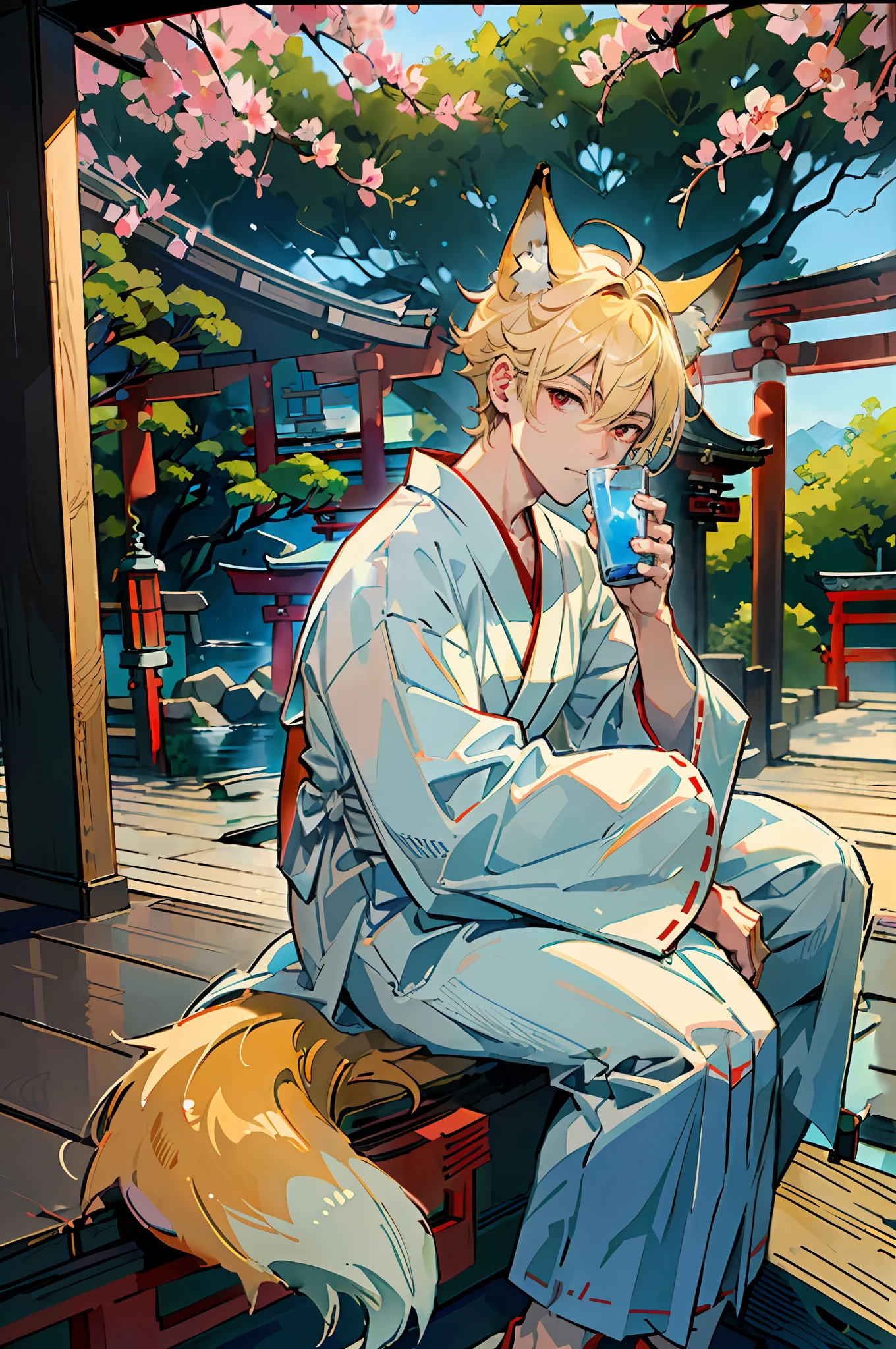 ((Masterpiece: 1.4, top quality)), one boy, blonde spiked hair and red eyes, (Japan Shinto priest, white and light blue hakama: 1.3), sitting on the porch and drinking alcohol, the background is a temple in Kyoto.