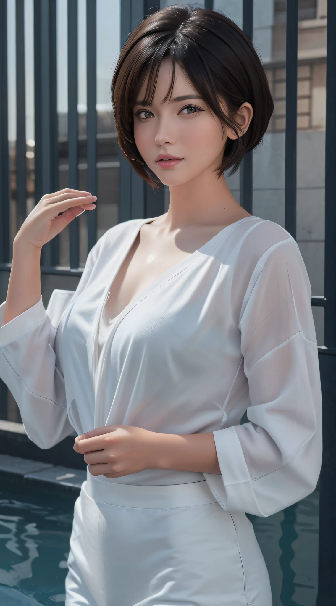 (Masterpiece: 1.3), (8k, Photorealistic, RAW Photo, Best Quality: 1.4), (1girl), Beautiful Face, (Realistic Face), (Black Hair, Short Hair: 1.3), Beautiful Hairstyle, Realistic Eyes, Beautiful Detail Eyes, (Realistic Skin), Beautiful Skin, (Wet White Clothes), Absurd, Attractive, Ultra High Definition, Ultra Realistic, High Definition, Golden Ratio