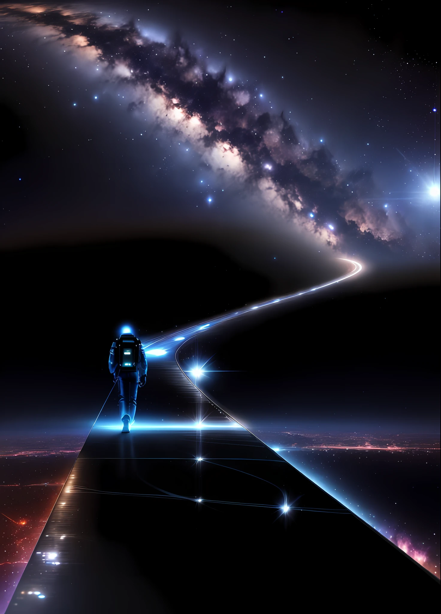a man walking on a long metal reflective road in the middle of the night, surreal space, standing in outer space, milkyway, looking out into space, the edge of the universe, looking out into the cosmos, lost in the void, background space, mega city, futuristic city below,