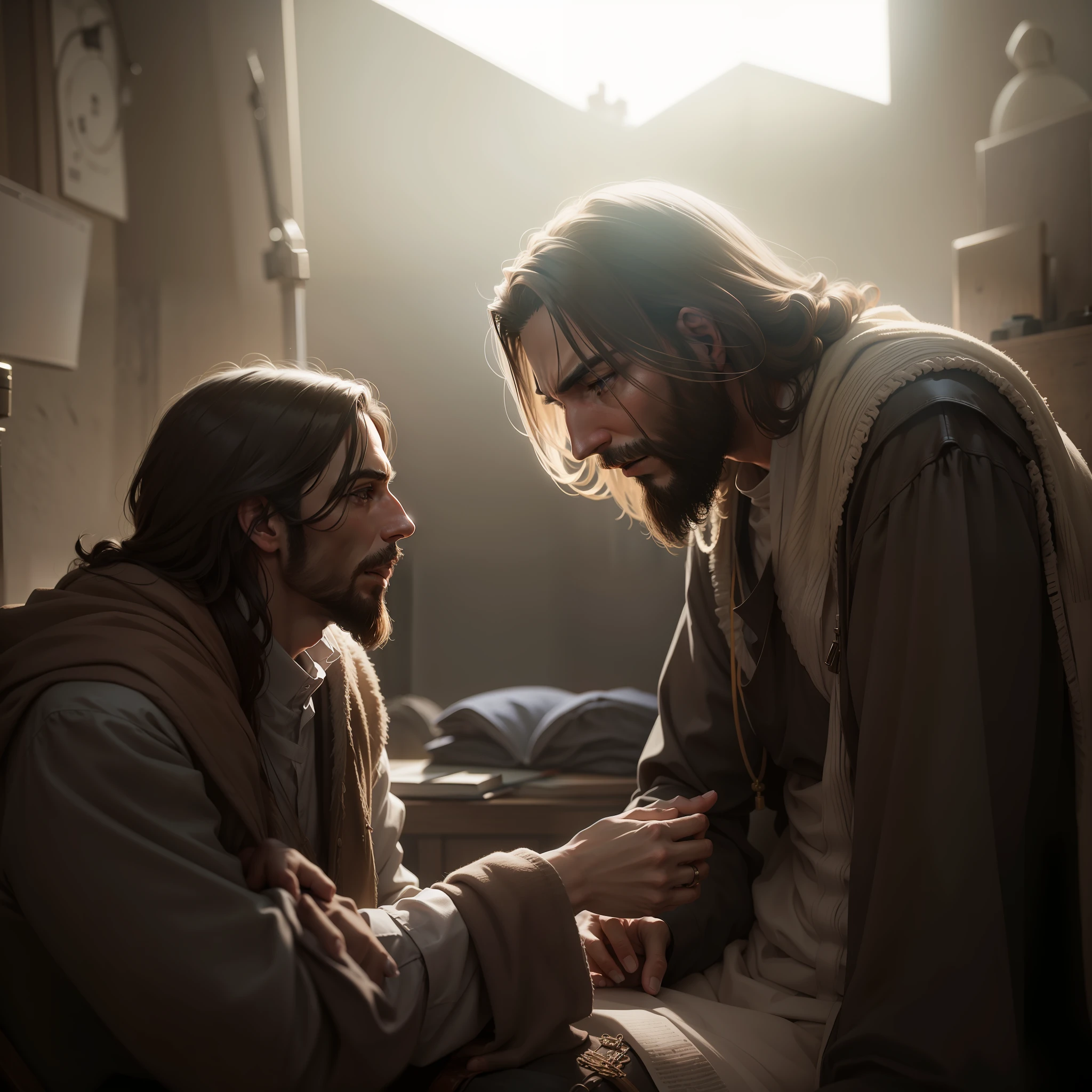 A man sitting and Jesus Christ listening to him
