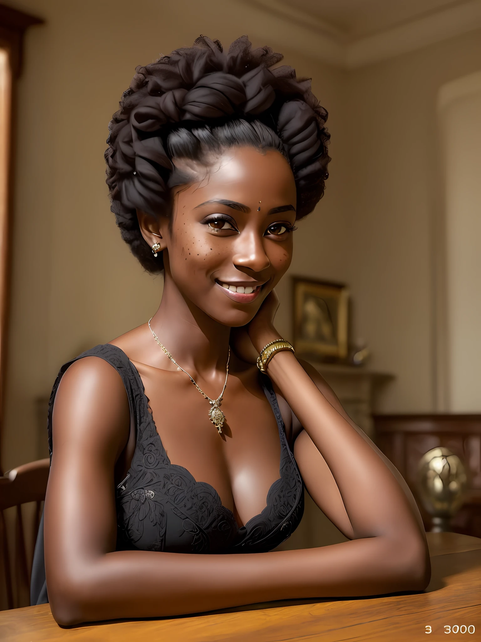 (photo by 30y.o. woman:1.4), (dark skin:1.3), thin, freckles, (natural perky breasts:1.2), posing in the old Victorian mansion, (smiling:0.9), ([open|sleepy] eyes:1), (intricate details, best quality, 8K, realistic), (detailed eyes, detailed skin, highly detailed background:1.1), (wears queen's clothes:1.3), short hair, ponytail hair, (straight hair:1.1), (oily hair:0.8),