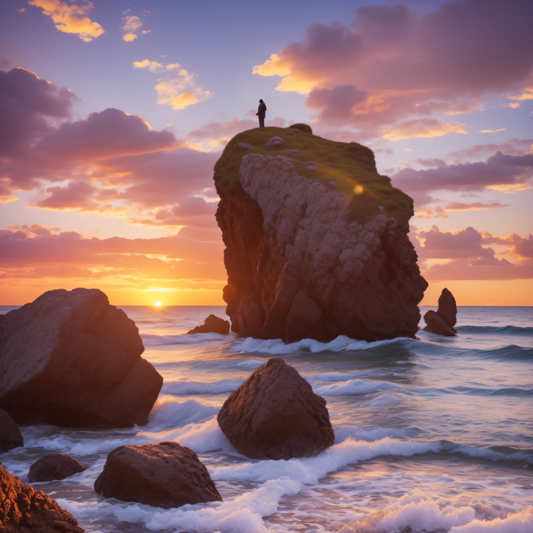 photo facing the sunset, from the coast, looking at the sunset, on top of a rocks, facing the sea, 8k, realism, cinema, photo,