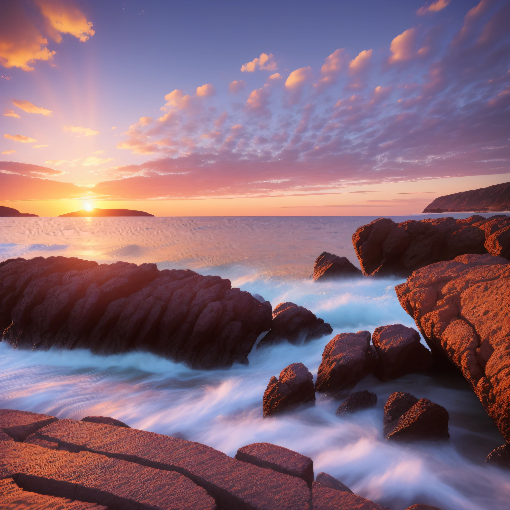 photo facing the sunset, from the coast, looking at the sunset, on top of a rocks, facing the sea, 8k, realism, cinema, photo,