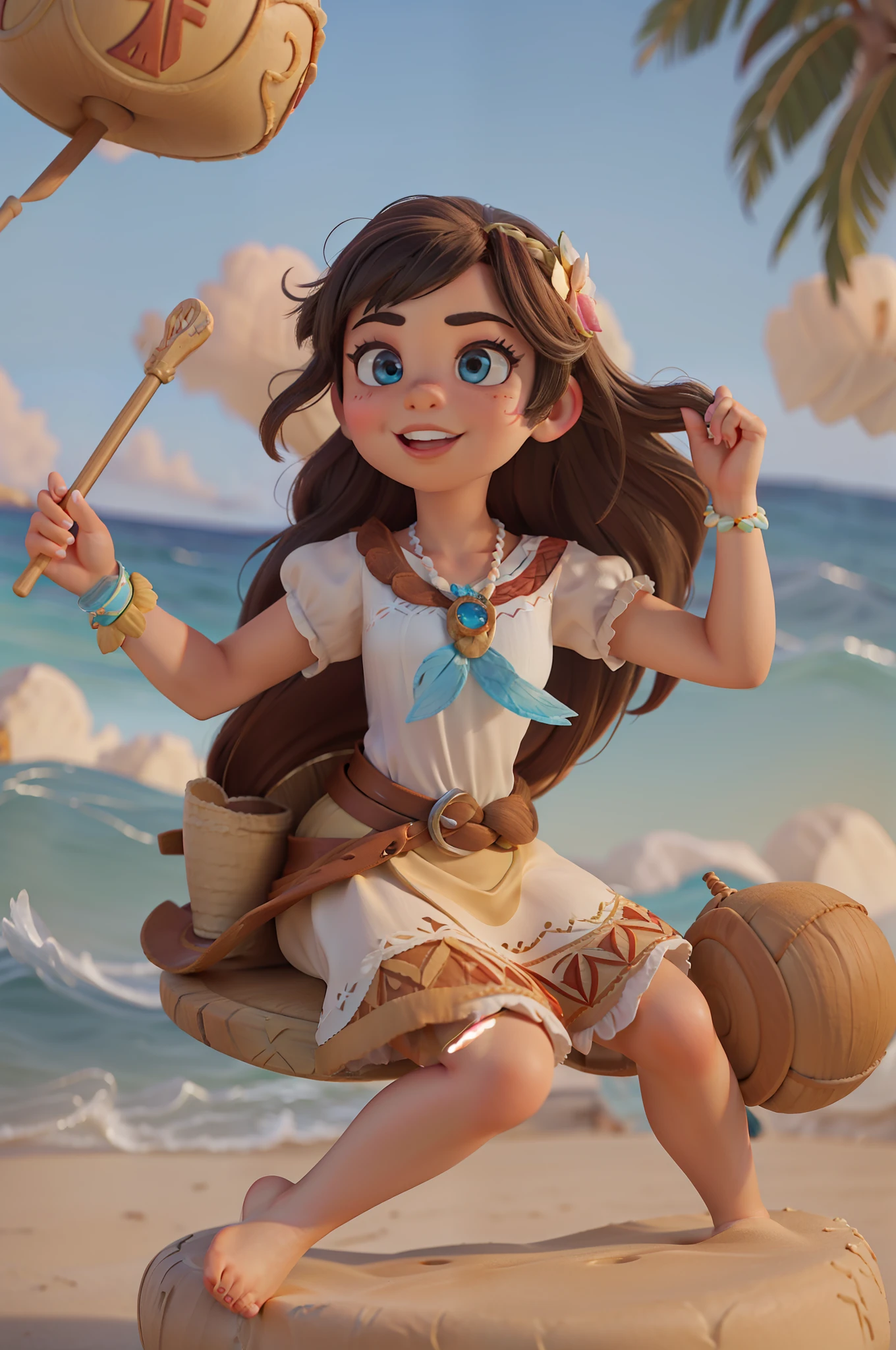 Disney Princess Moana, sitting at a birthday party eating fidelity cake 1 strength 2