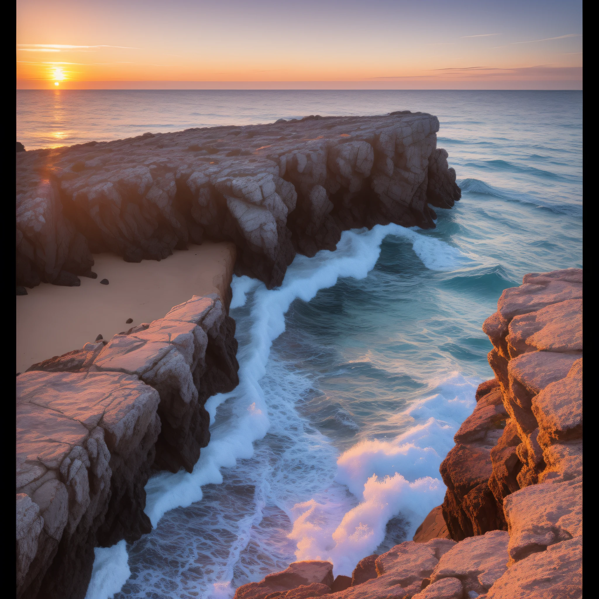 photo facing the sunset, from the coast, looking at the sunset, on top of a rocks, facing the sea, 8k, realism, cinema, photo,