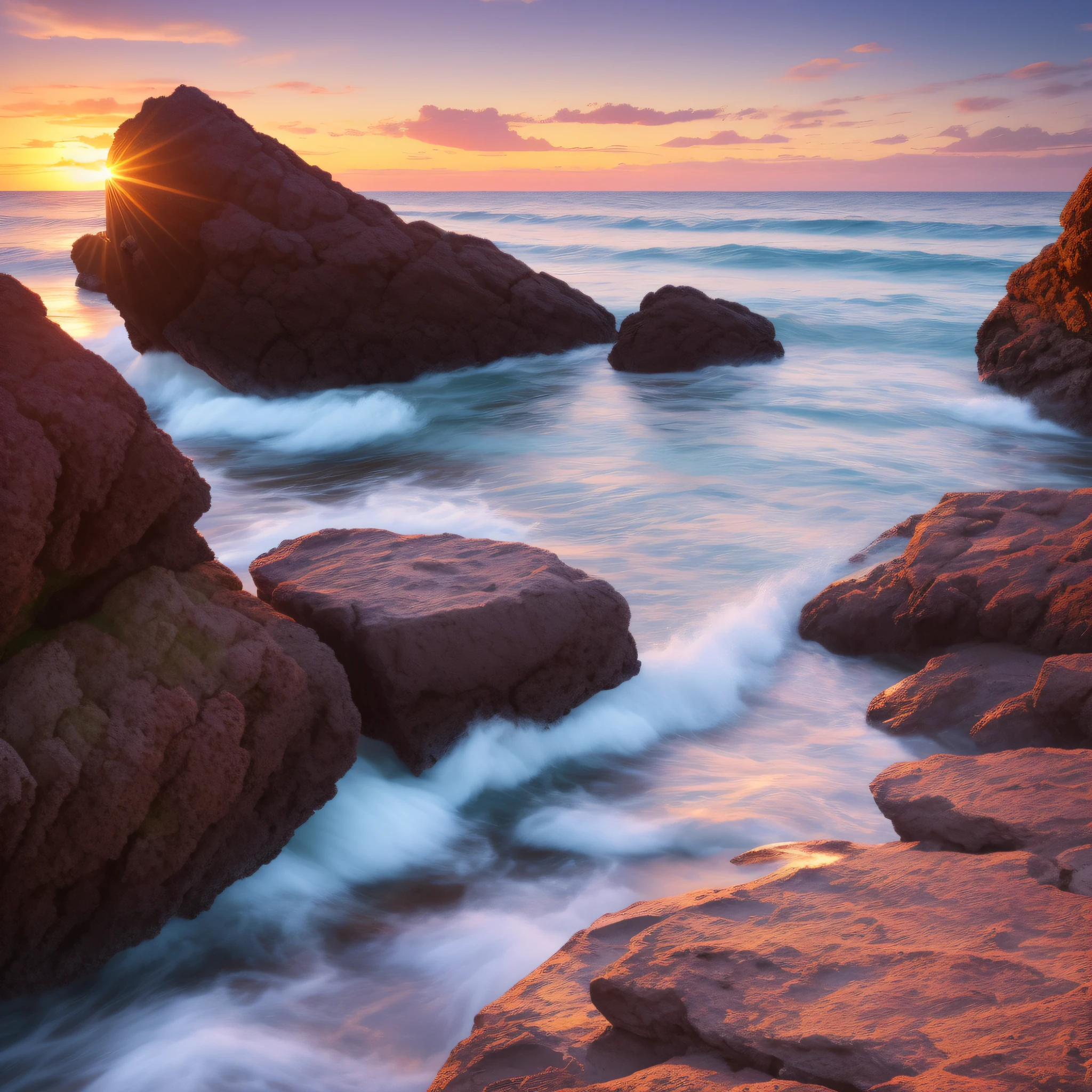 photo facing the sunset, from the coast, looking at the sunset, on top of a rocks, facing the sea, 8k, realism, cinema, photo,