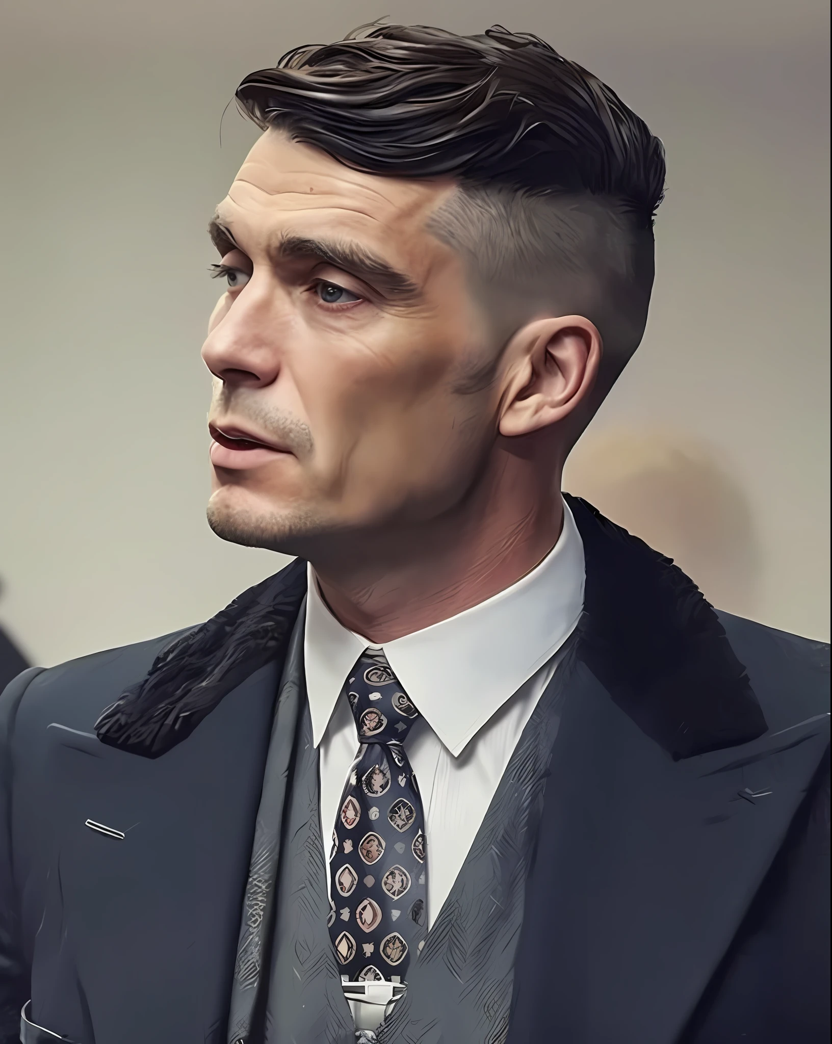 there is a man in a suit and tie standing in a room, costumes from peaky blinders, undercut hairstyle, undercut haircut, peaky blinders, peaky blinders (2018), one side haircut, 1 9 3 0 s haircut, style of seb mckinnon, up face with 1 9 2 0 s hairstyle, shaved sides short top