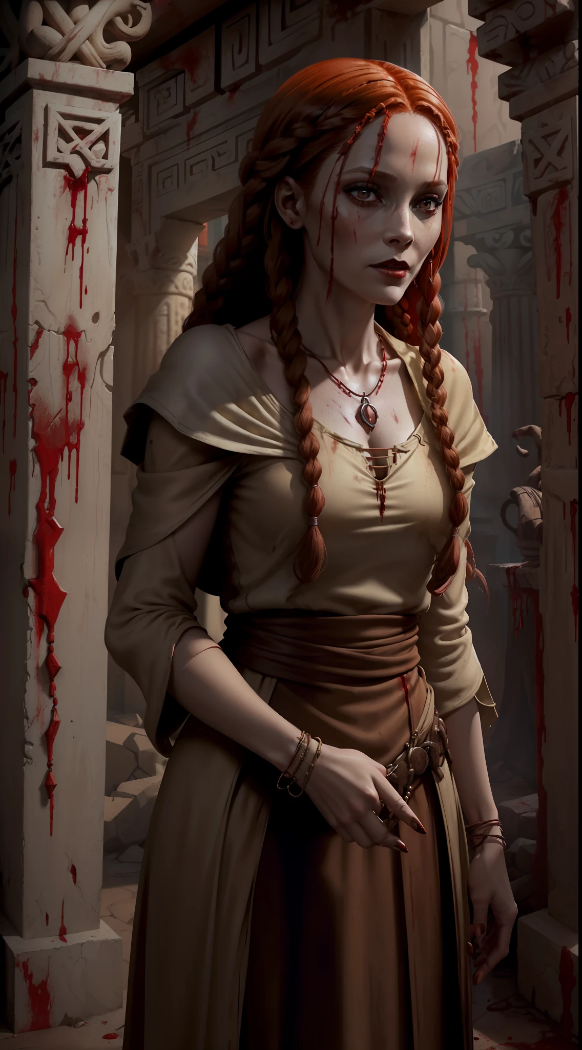 A woman, (((solo))), (45 years old, middle-aged, pale skin, red red hair with box braids, brown eyes, dark lips), (she is in an ancient temple covered in blood), (psychopathic look, evil RPG witch, detailed long beige clothes of a sorceress, necklace of bones, (she is covered in blood), (is back)