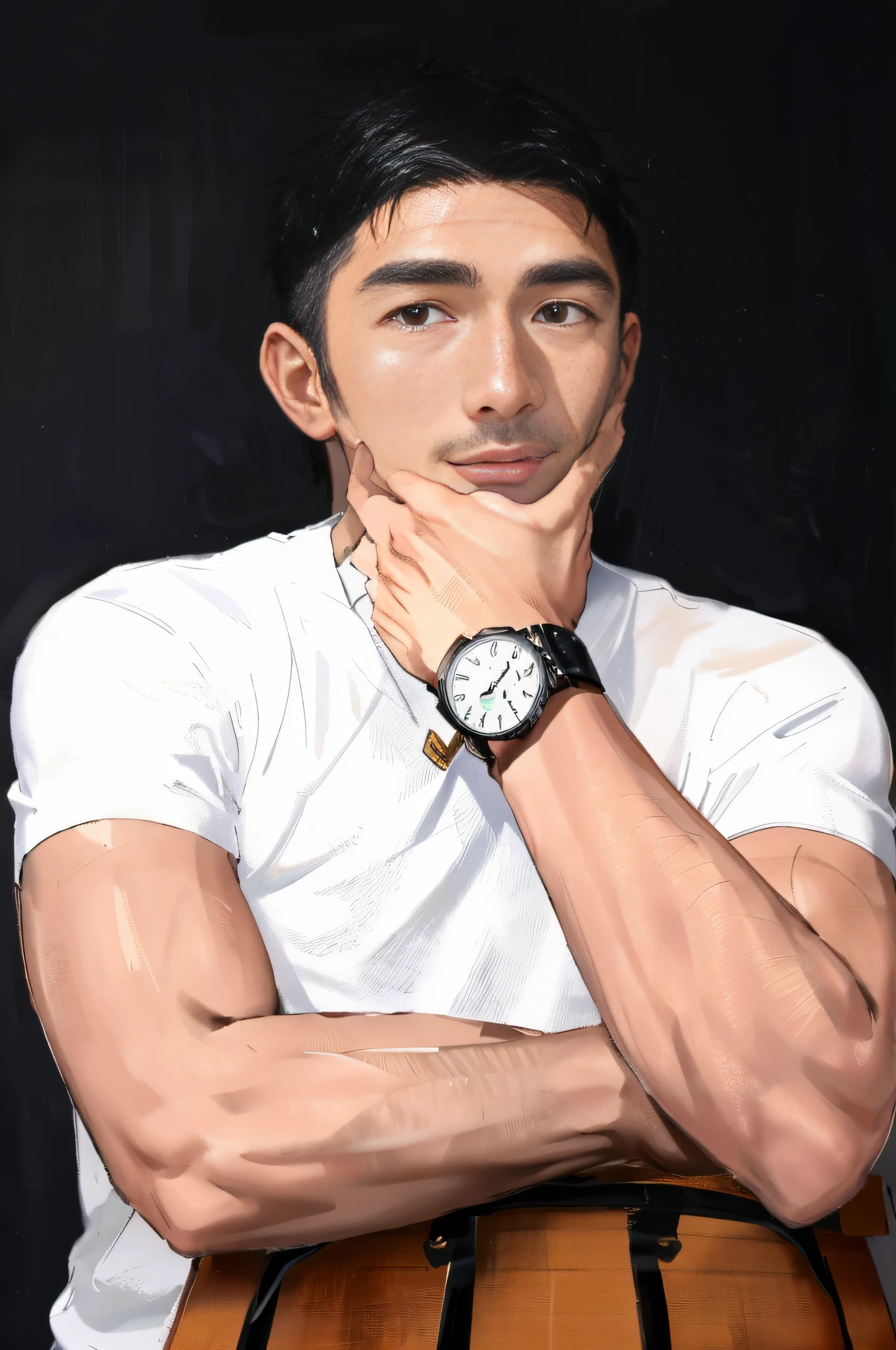 there is a man sitting on a chair with a watch on his wrist, inspired by Xie Huan, inspired by Ding Yunpeng, inspired by Li Tiefu, ross tan, inspired by Victor Wang, inspired by Zhao Yong, inspired by Ding Guanpeng, inspired by Wang Zhenpeng, ryan jia, stanley artgem lau, inspired by Wang Guxiang