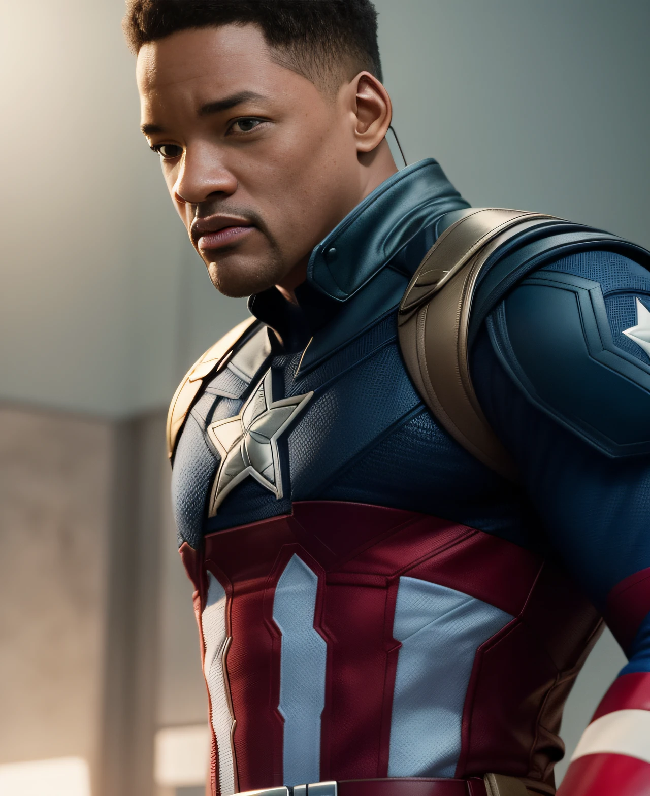 . .Tarantino style Will Smith as Captain America 8k, high definition, detailed face, detailed face, detailed eyes, detailed suit, in style of marvel and dc, hyper-realistic, + cinematic shot + dynamic composition, incredibly detailed, sharpen, details + superb details + evening with light + perfectionism + award winning realism ((moody lighting))