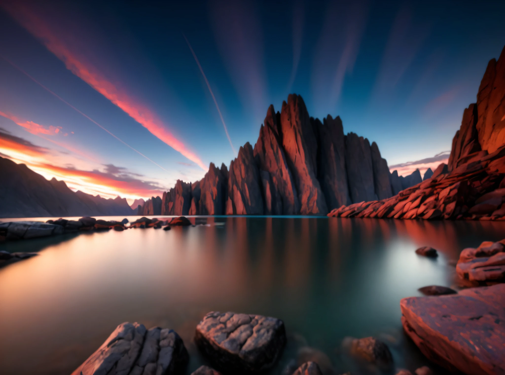 a long exposure photo of a mountain range with rocks and water, an amazing landscape image, landscape photography, unsplash contest winning photo, epic and stunning, long exposure 8 k, long exposure photography, landscape photography 4k, epic beautiful landscape, stunning photography, wide angle landscape photography, landscape photo, wayne barlowe pierre pellegrini, beautiful and spectacular dusk, beautifully lit landscape
