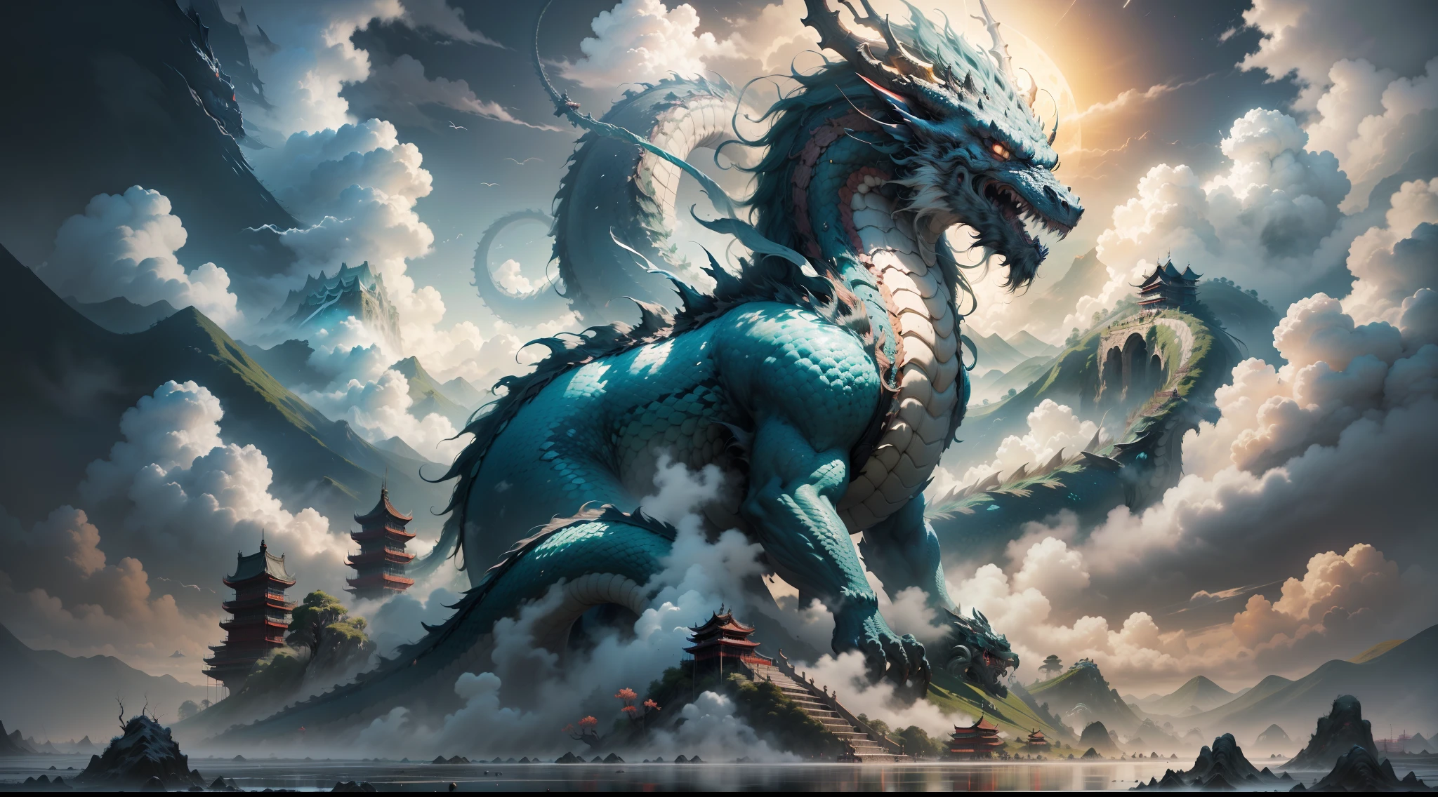 A huge dragon like a mountain devours the sun and the moon, black water is surging, (waves rushing into the sky), fairy mountain islands, (pavilions in mid-empty clouds), ((clouds and mist)), roaring, fierce, ((Chinese mythology)), high quality, ultra-detailed, detailed, accurate, (masterpiece), master work, (16k resolution), movie lighting, dynamic perspective
117/2000