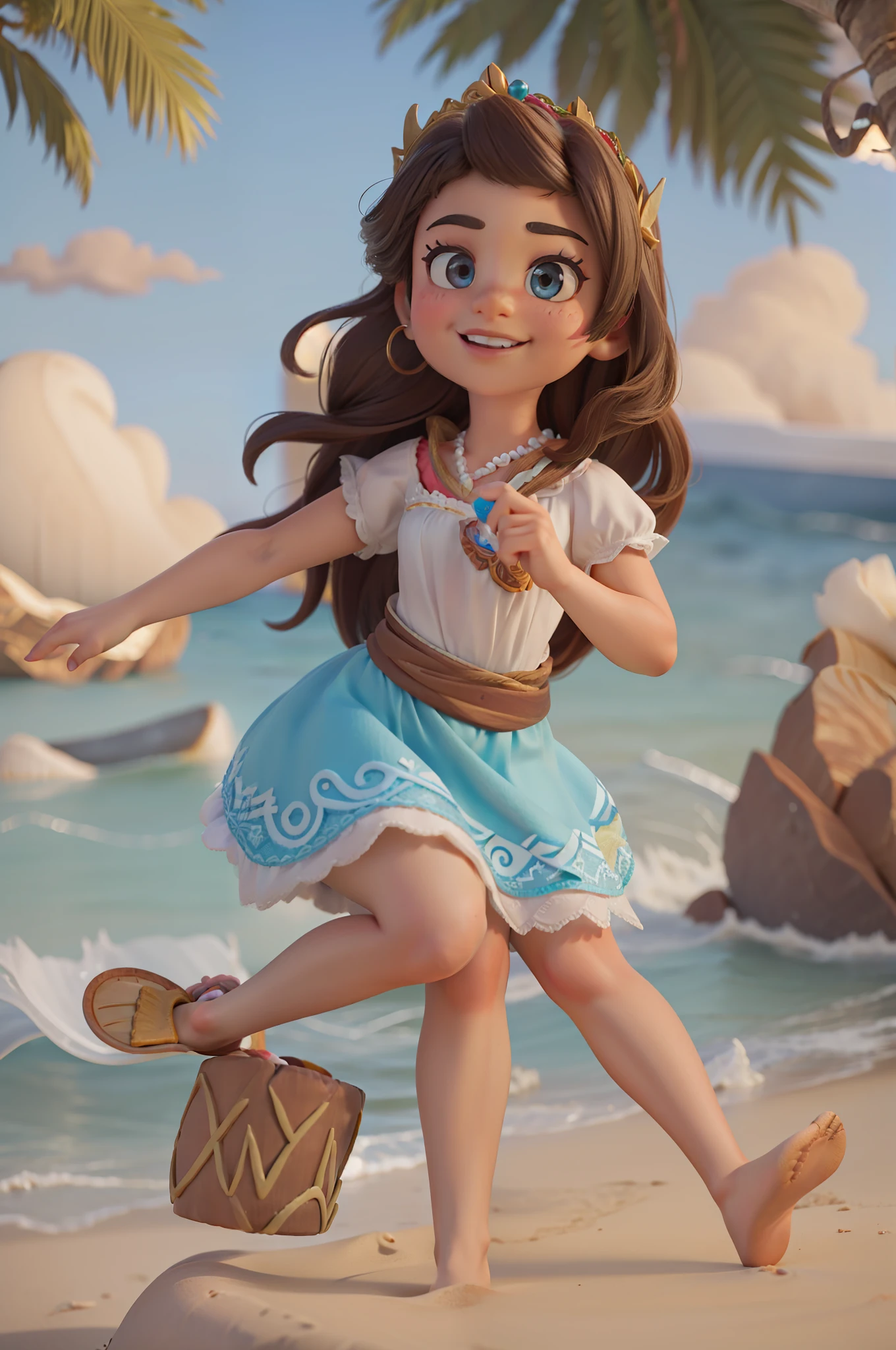 Disney Princess Moana, sitting at a birthday party eating fidelity cake 1 strength 2