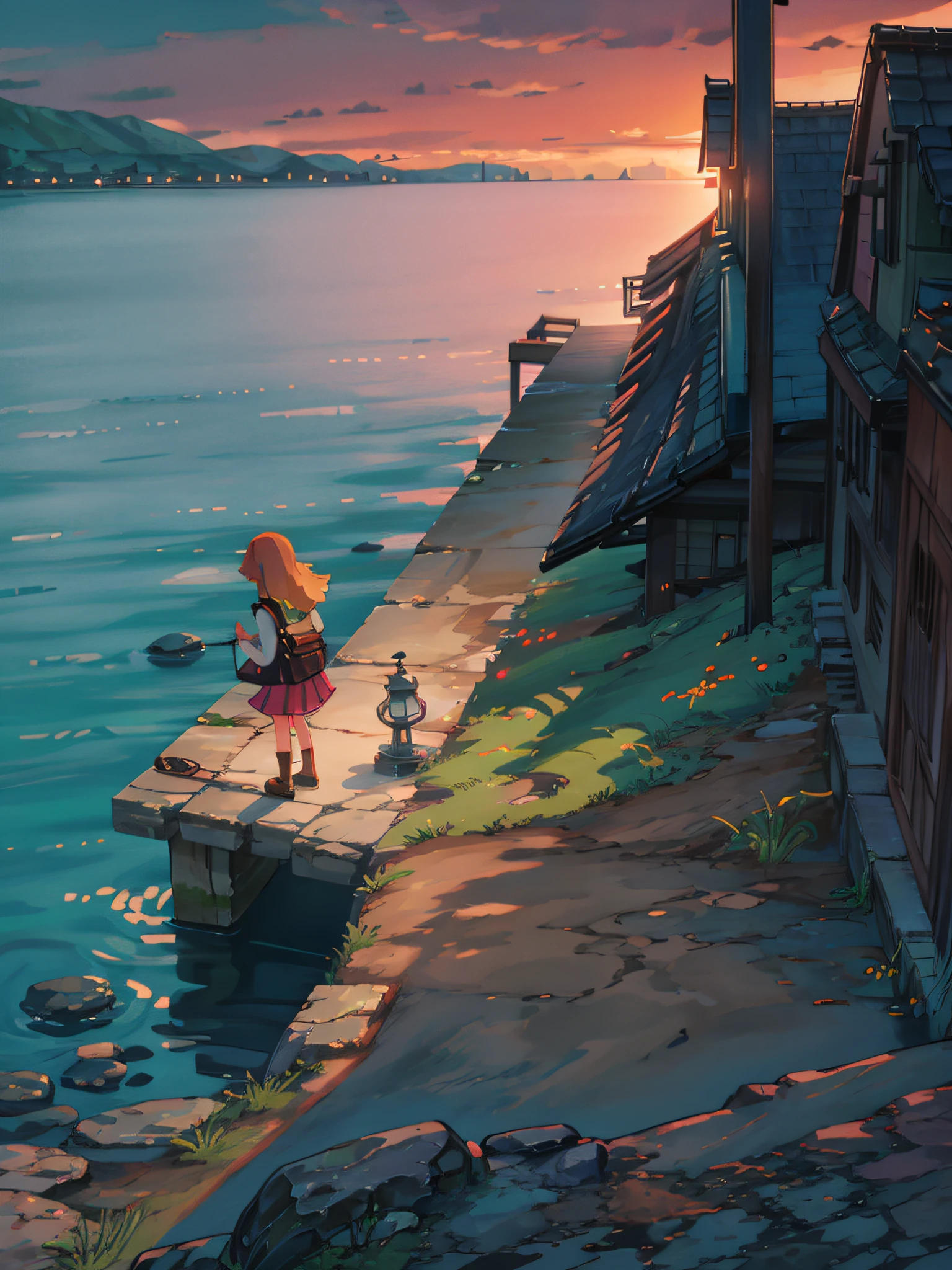 Sunset, wind up, girl sitting under stone pier, confused, HD 8k, masterpiece
