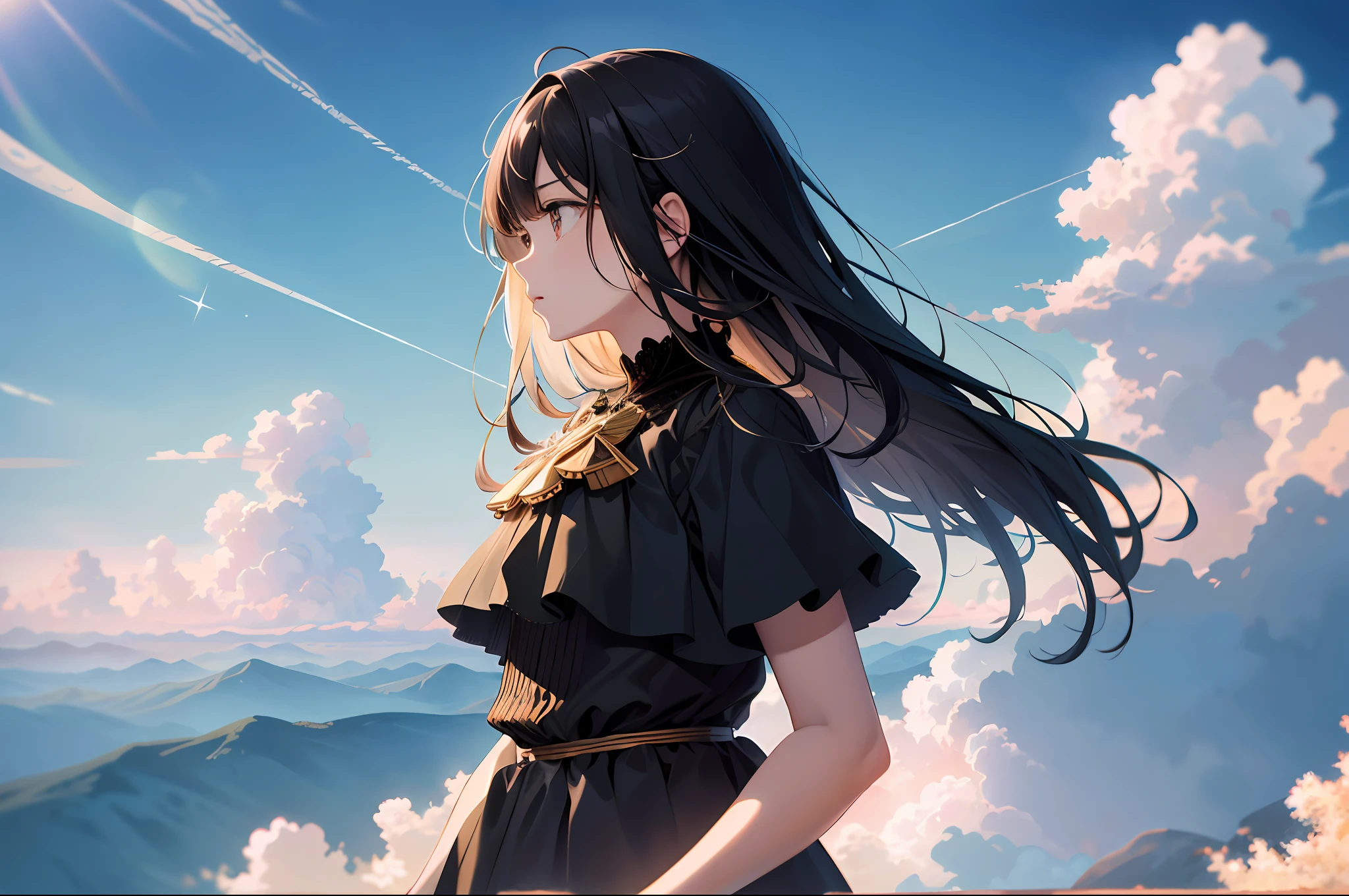 absurdres, highres, (official art, beautiful and aesthetic:1.2), close view,
shining sky, vast world, girl, gazing, awe-inspiring expression, distant horizon, clouds, high hill, natural beauty, inspiration, light effects,