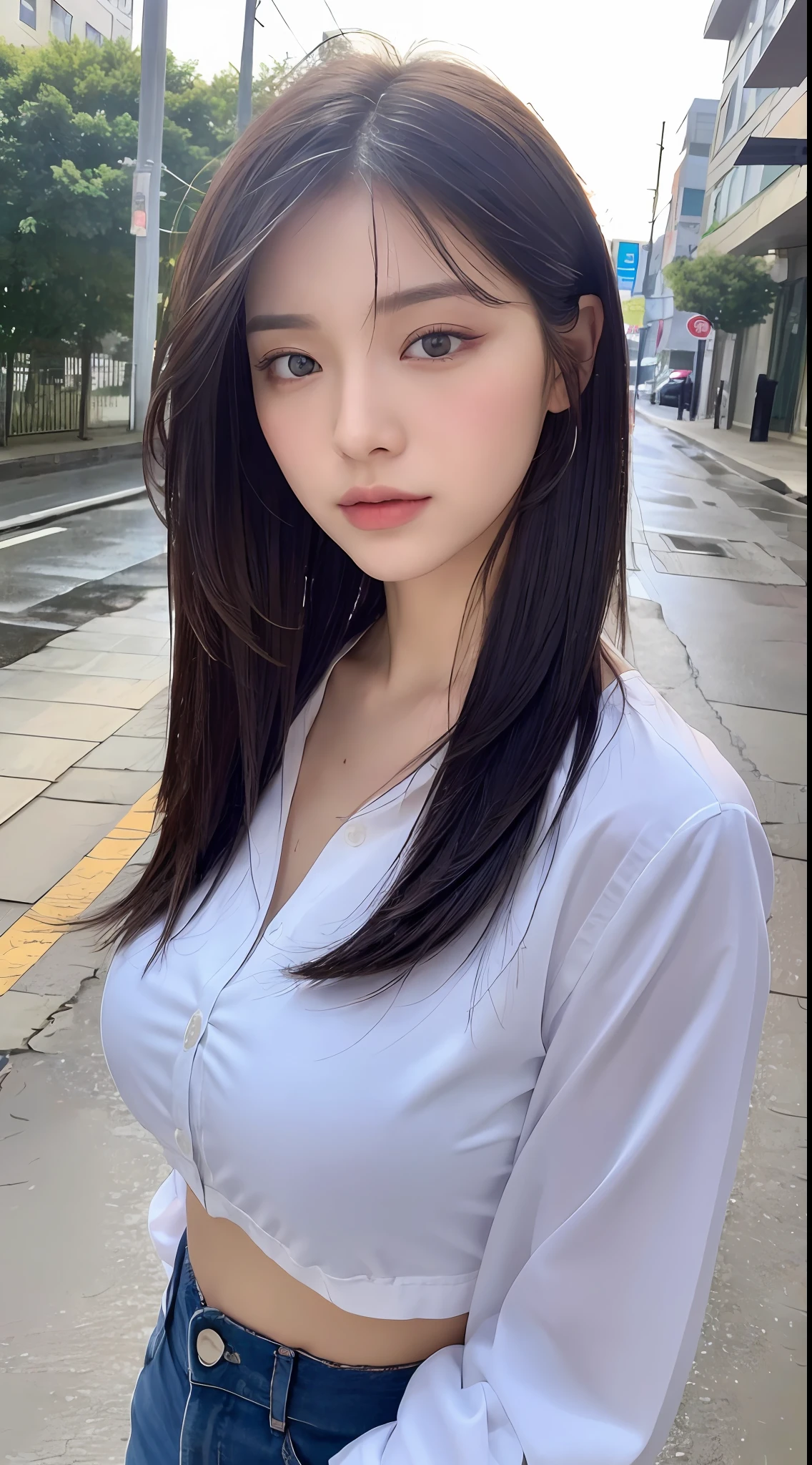 ((Best Quality, 8K, Masterpiece: 1.3)), Sharp: 1.2, Perfect Body Beauty: 1.4, Slim Abs: 1.2, ((Layered Hairstyle, Big Breasts: 1.2)), (Wet White Button Long Shirt: 1.1), (Rain, Street: 1.2), Wet: 1.5, Highly detailed face and skin texture, detailed eyes, double eyelids, side face looking at the camera