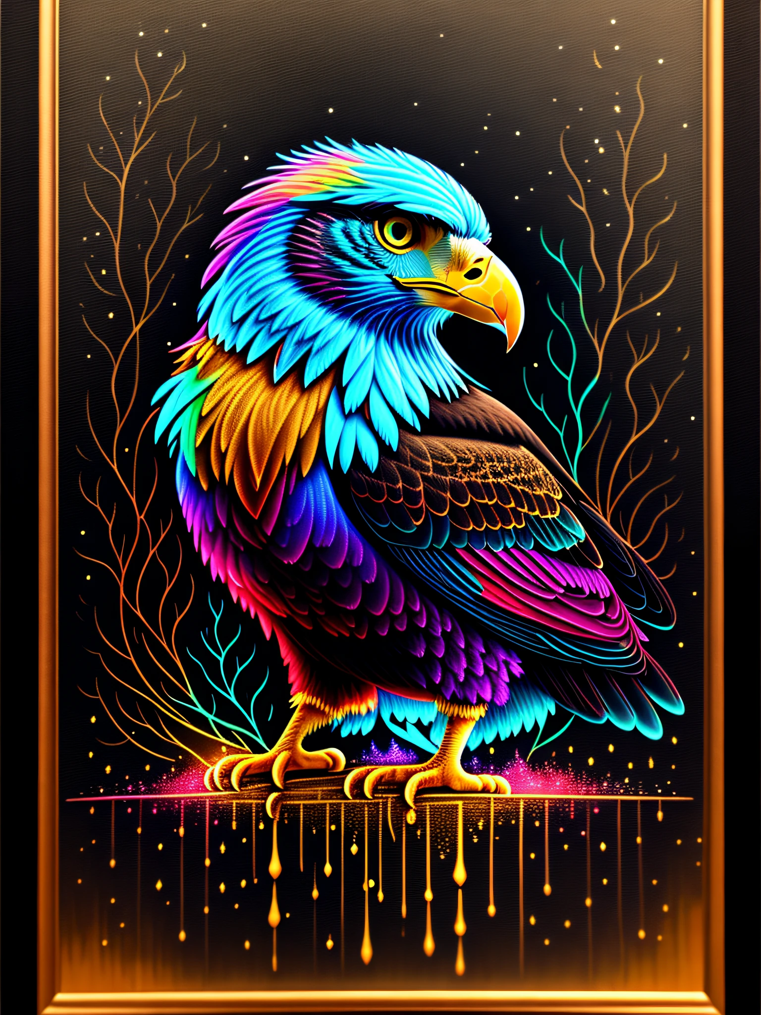 a painting of a colored eagle on a black background,, breathtaking rendering, within a radiant connection, inspired by Kinuko Y. Craft,, magical elements, kitten icon, wow, is beautiful, casting a multi colorful spell, bright flash, flash