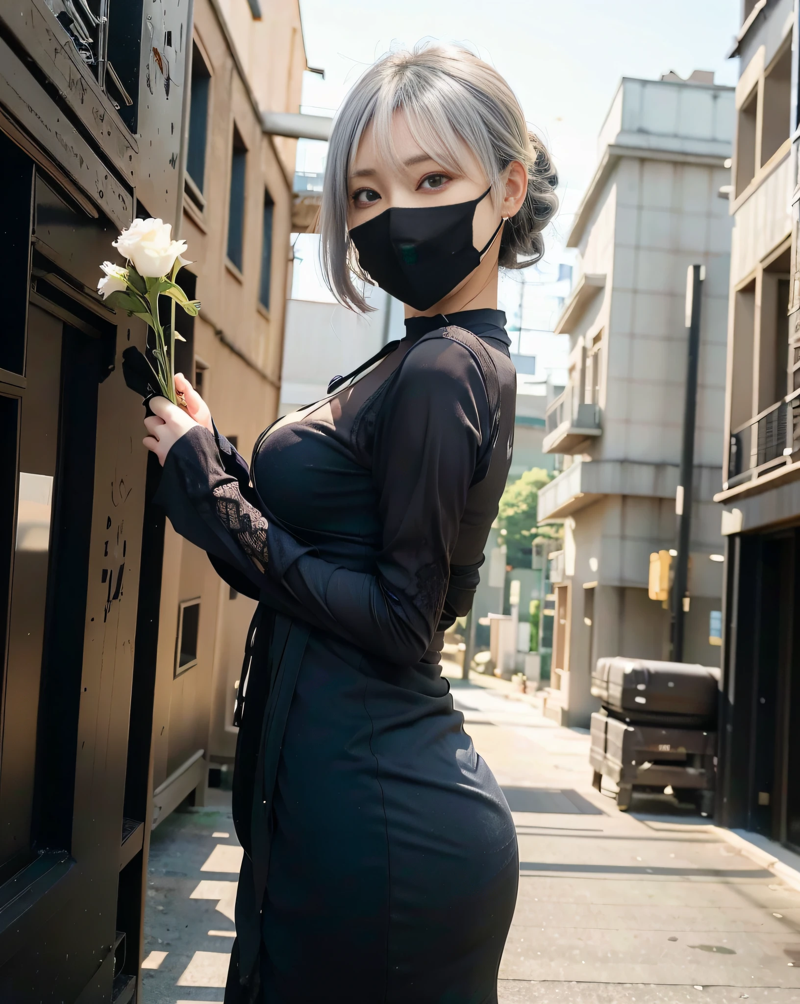 One woman, woman with gray hair color in black dress with flowers and mask, Misa Amane*, wearing a pure white menpo mask, Misa Amane, robot wearing a human mask, wearing Japan techwear, (((Misa Amane #)), photo of a woman in techware, real life anime girl, anime style mixed with Fujifilm, short hair, gold mesh, ash