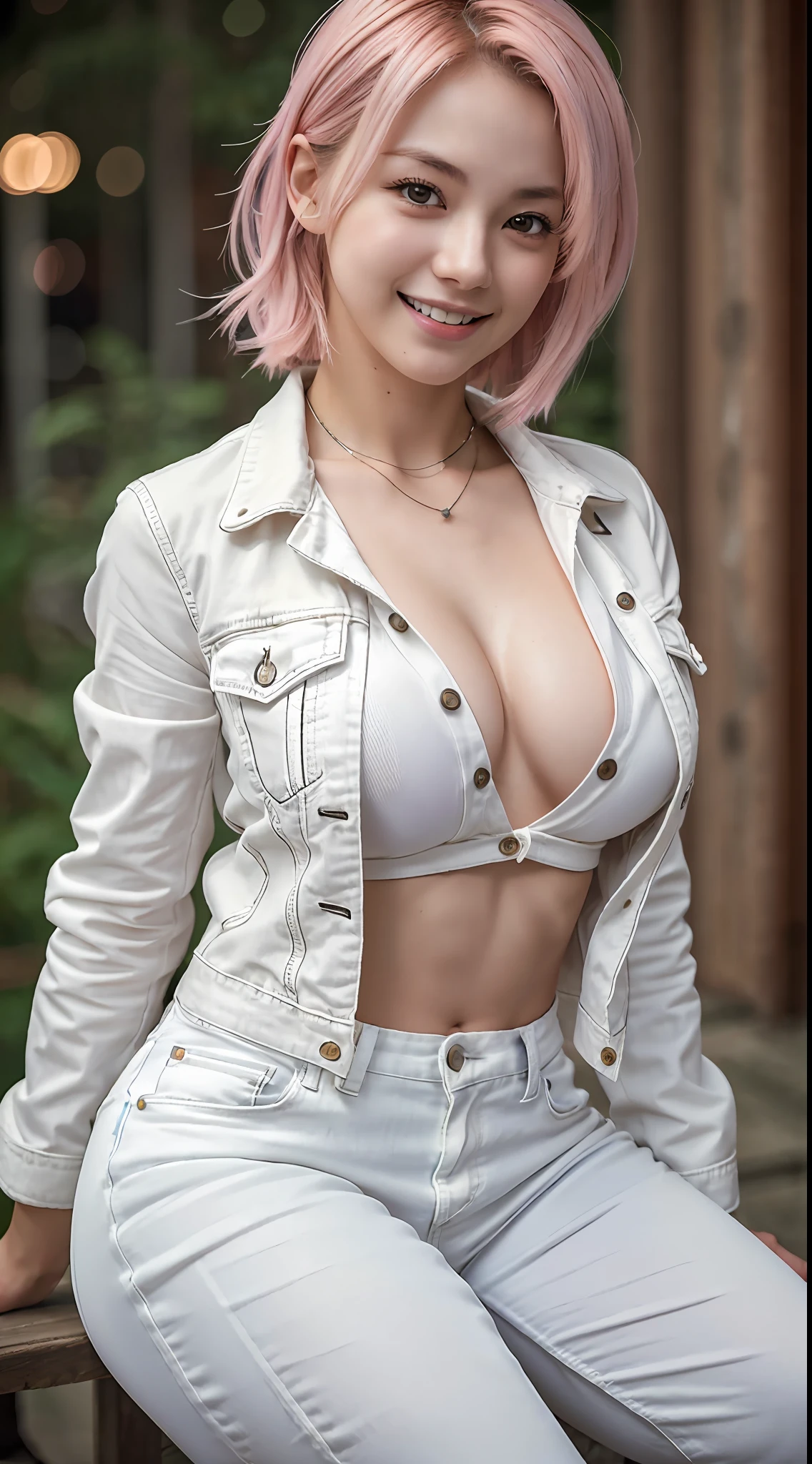 big smile, smile, white jeans, white denim jacket, white shirt, breasts, lower breasts visible, Japan beauty, pink hair short perm, raw photo, single girl, bust visible, breasts exposed, erotic body, beautiful woman, 22 years old, attractive female body, light muscles, dynamism, constricted waist, 8k, HDR, realistic photography, realistic texture, toned skin, (realistic, photorealistic: 1.9), photography, raw photography, masterpiece, high definition photography, quality like taken with a DSLR camera, high image quality, night scene, dynamism, Android 18 cosplay, sitting,