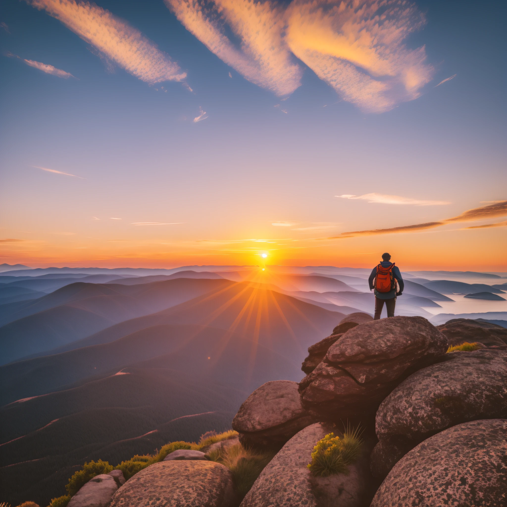 photo facing the sunset , WIDE, SEE THE GROUND, looking at the sunset, on top of a rocks, MOUNTAINS, facing the sea, 8k, realism, cinema, photo,