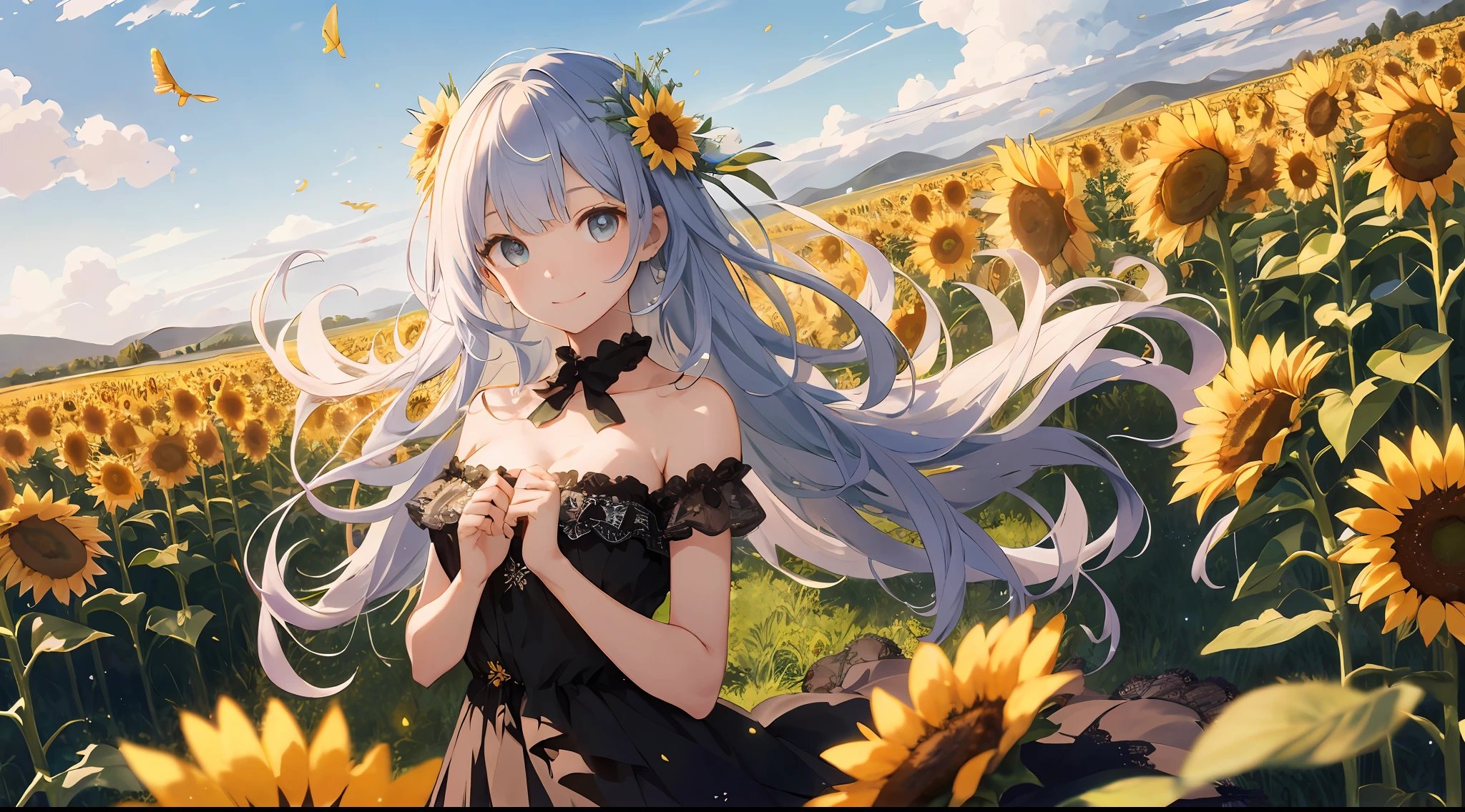(Best Quality: 1.5), (Super Detail: 1.5), (Best Quality Photo: 1.5), Summer Sky, Sunflower Field as far as the eye can see, Scenic, Beautiful landscape, Light particles, Very delicate and beautiful, Very detailed, Bioluminescence, Cinematic light, Mysterious, Cinematic angle, 8K resolution, Elegant, Perfect, Smooth, Beautiful Girl, Very Cute, Smile, (Delicate and Beautiful Eyes: 1.2), (Girl: 1.5),Lace, Ribbon, Strapless, Hundred Flowers Disturbance, Refreshing Wind, Fluttering Petals,