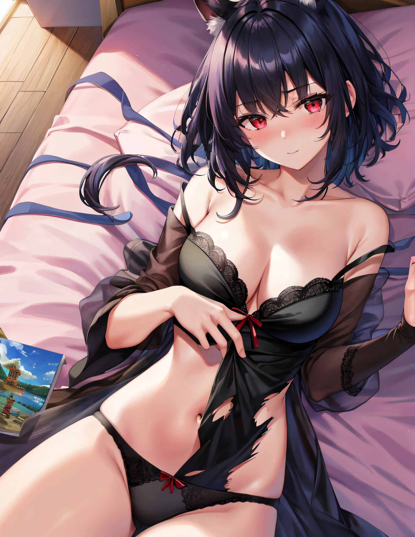 Model Shooting Style, (Masterpiece:1.3), (Absurdity:1.3), (Best Quality:1.3), (8K), (Masterpiece Digital Art), (Detailed Manga Illustration), (Handle Hair), Perfect Anatomy, (Complex Detail:1.3), (Detailed Detail:1.3), (Illustration:1.3), (Sharp Focus:1.3), (Vivid Color:1.3), 1Girl, Solo, ( Short hair:1), hair between the eyes, (black hair), red eyes, floating hair, torn clothes, underwear, sexy, embarrassed, embarrassed, blush), lying in bed,