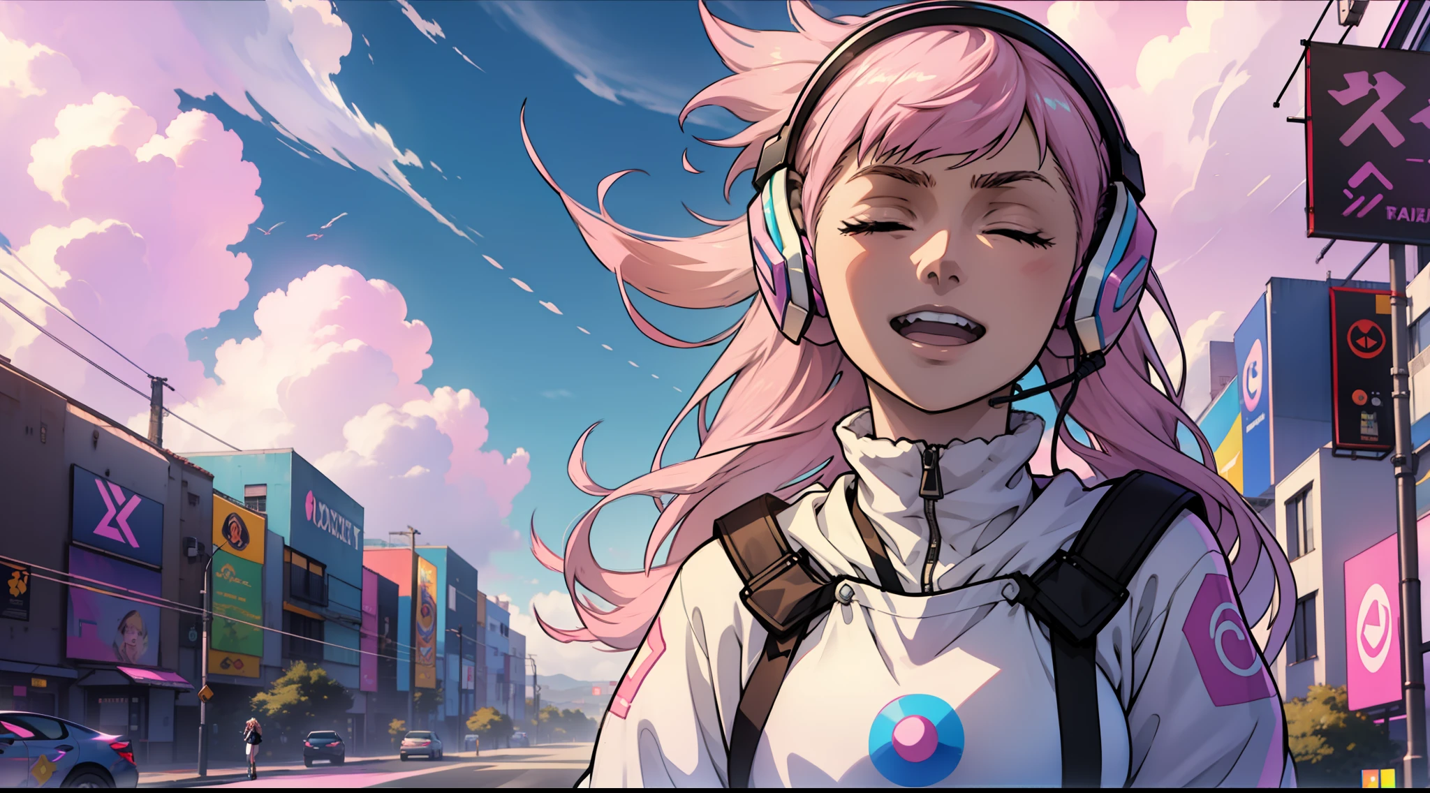 Woman with peace sense headset, closed eyes, beautiful face, RGB colors, anime pink hair, banner for youtube video, happy girl, clouds with RGB colors., bright RGB colors.