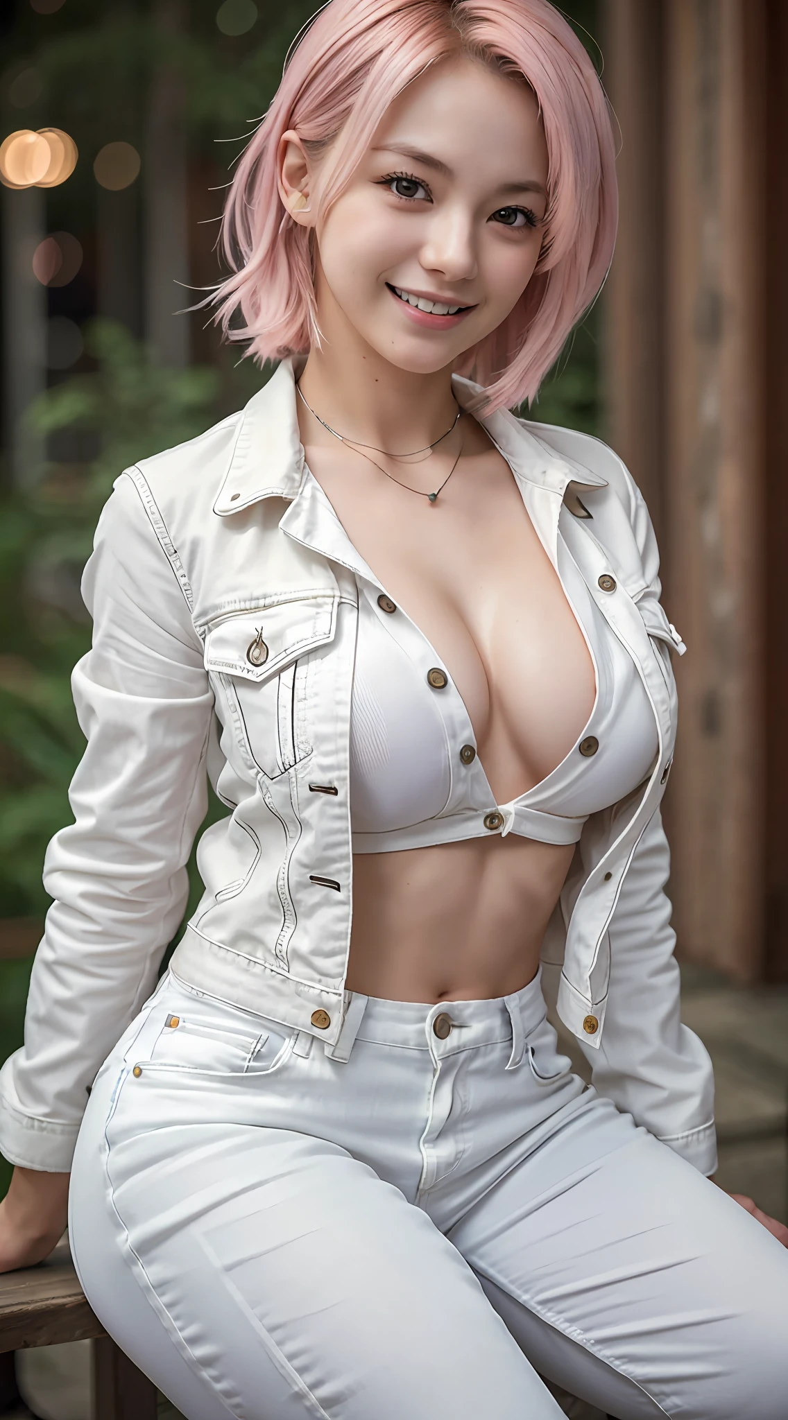 big smile, smile, white jeans, breasts, lower breasts visible, Japan beauty, pink hair short perm, raw photo, single girl, bust visible, breasts exposed, erotic body, beautiful woman, 22 years old, attractive female body, light muscles, dynamism, constricted waist, 8k, hdr, realistic photography, realistic texture, toned skin, (real, Photorealistic: 1.9), Photography, Raw Photography, Masterpiece, High Definition Photography, High Definition Photography, Quality Like Taken with a DSLR Camera, High Quality, Night Scene, Dynamism, Android 18 Cosplay, Sitting,