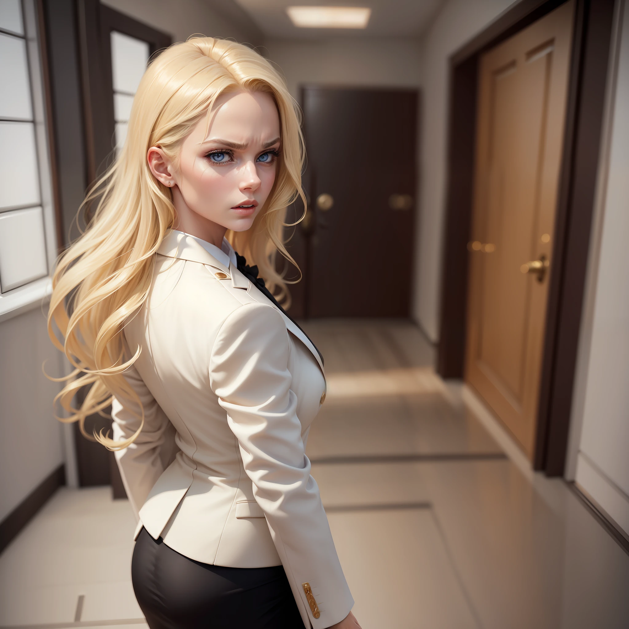 ultra realistic image of a beautiful blonde woman, light eyes, dressed in a formal ensemble with a white blazer with black details, angry expression, open door of a CEO's room on her back,
