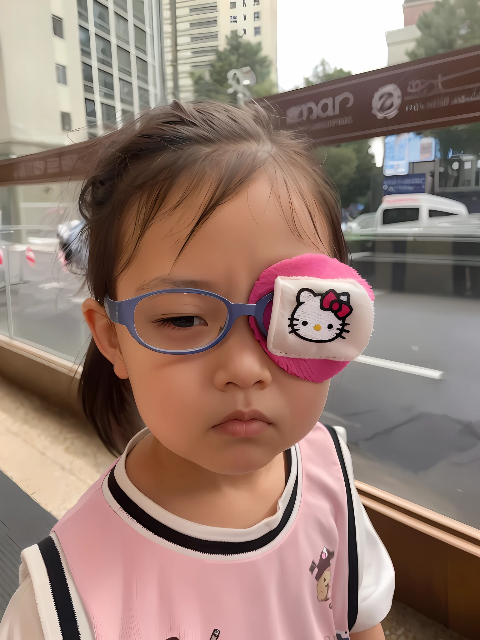 there is a little girl wearing glasses and a hello kitty eye patch, wearing an eye patch, eye patch over one eye, eye patch on one eye, eye patch over left eye, wearing an eyepatch, eye patch, eyepatch, wearing a patch over one eye, black eye patch over left eye, eyepatches, 2 0 2 0 fashion --auto --s2