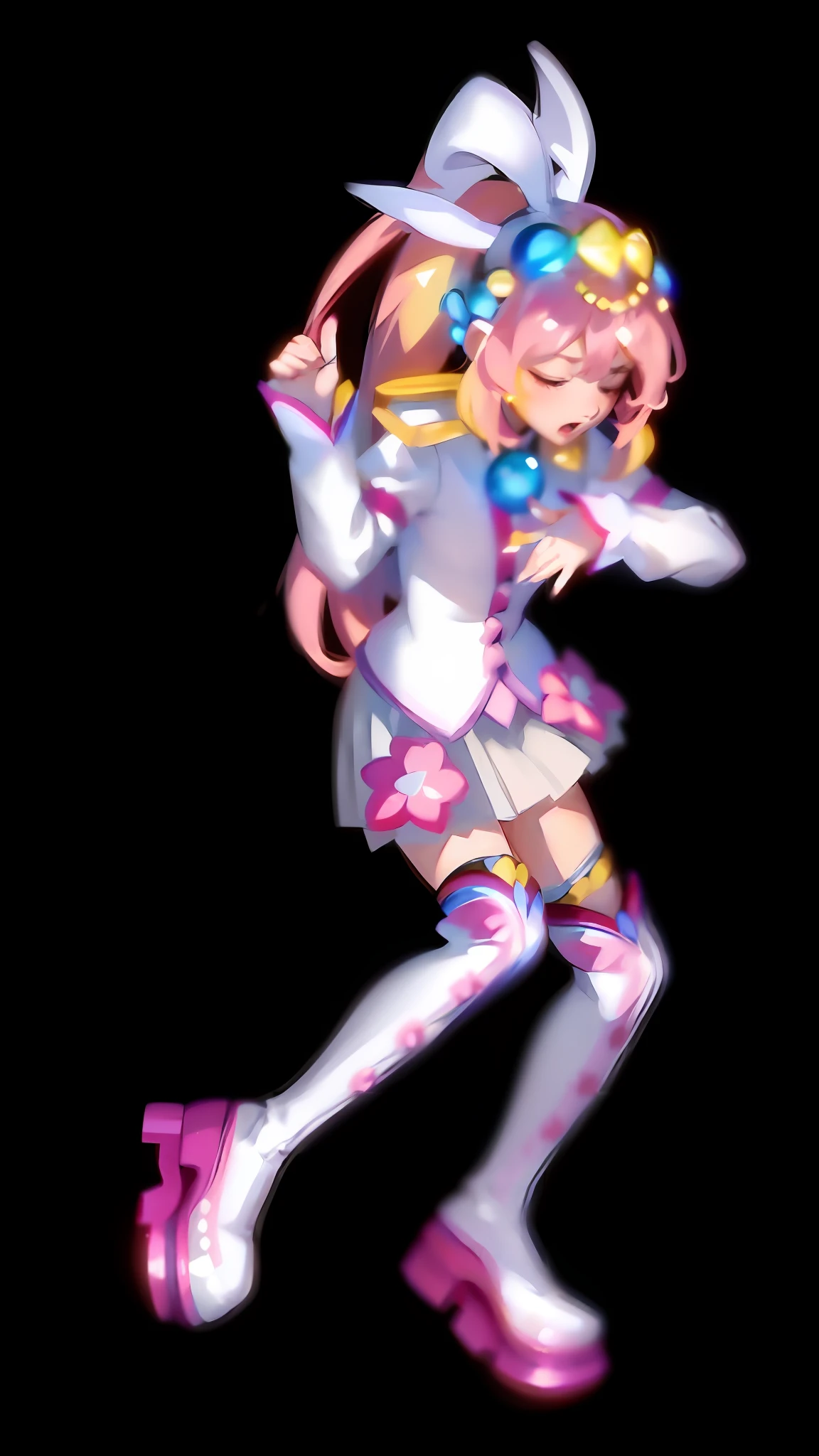 (cute + dynamic: 1.2), (masterpiece: 1.5), (best quality: 1.5), perfect hand-drawn 8K wallpaper, 1 girl, closed eyes, open mouth, beaten, painful expression, tears in the corners of the eyes, single ponytail + pink hair (1.3), long flowing hair, charming sight, white long-sleeved shirt + pink skirt + over-the-knee socks (1.2), exquisite headdress, white boots (1.2), beautiful legs (1.2), no background (1.5).