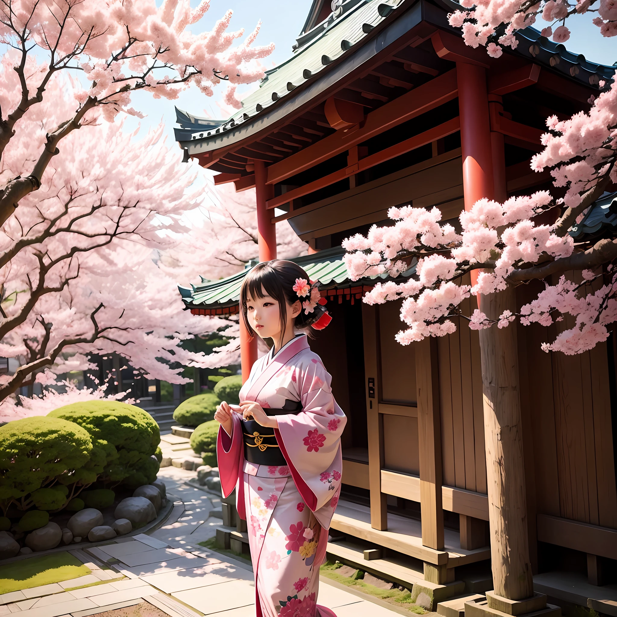 Japanese girl in kimono in Japanese garden, sunny day with sakura flowers flying in the wind, colorful manga style, ancient Japan in Shibuya city.