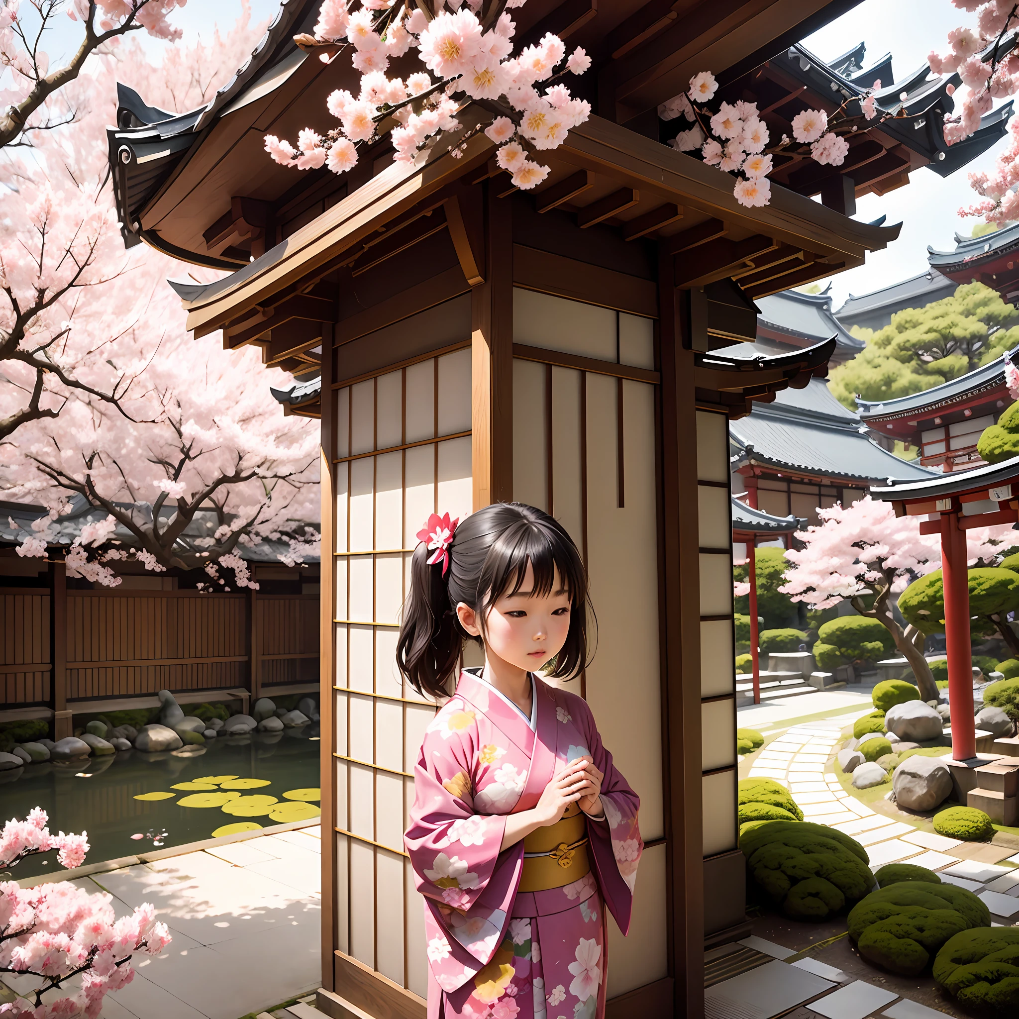 Japanese girl in kimono in Japanese garden, sunny day with sakura flowers flying in the wind, colorful manga style, ancient Japan in Shibuya city.