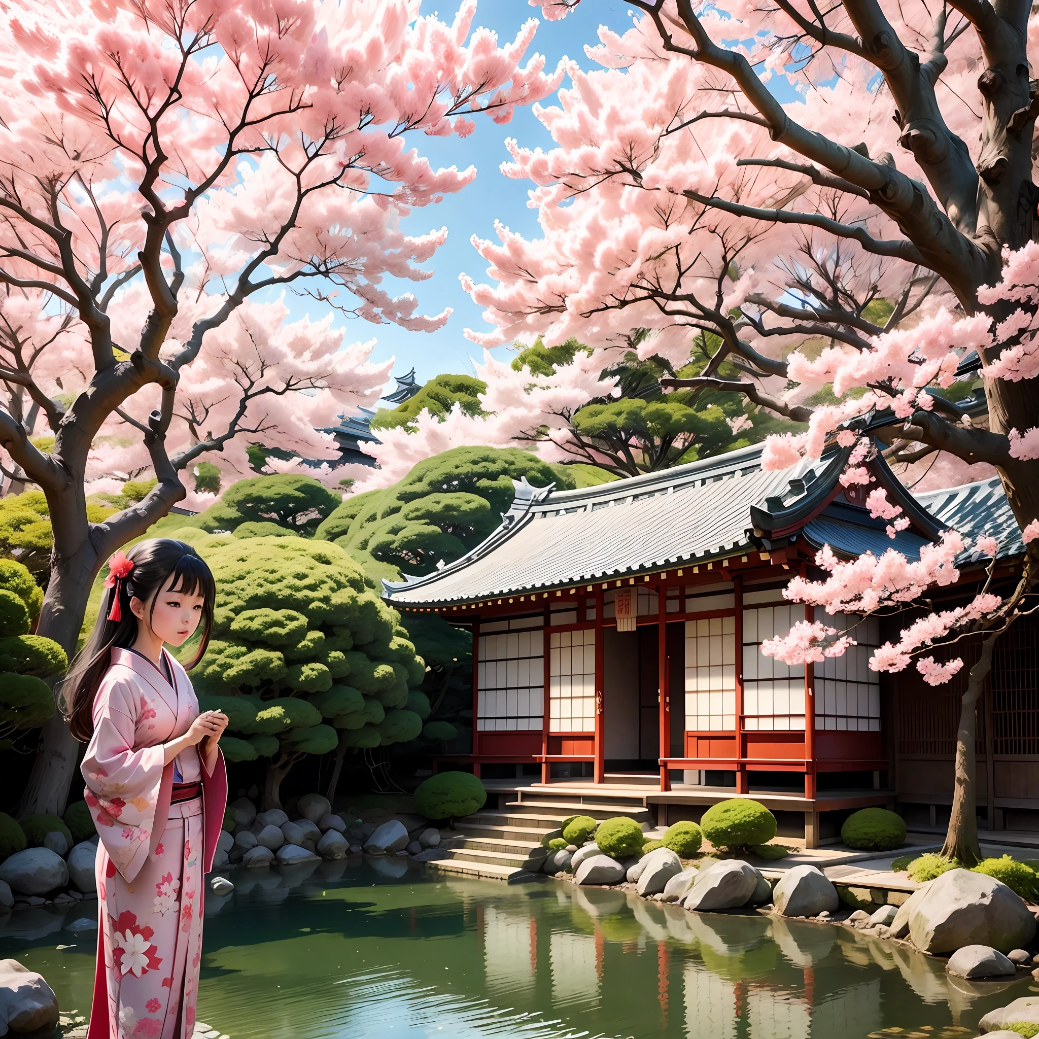 Japanese girl in kimono in Japanese garden, sunny day with sakura flowers flying in the wind, colorful manga style, ancient Japan in Shibuya city.