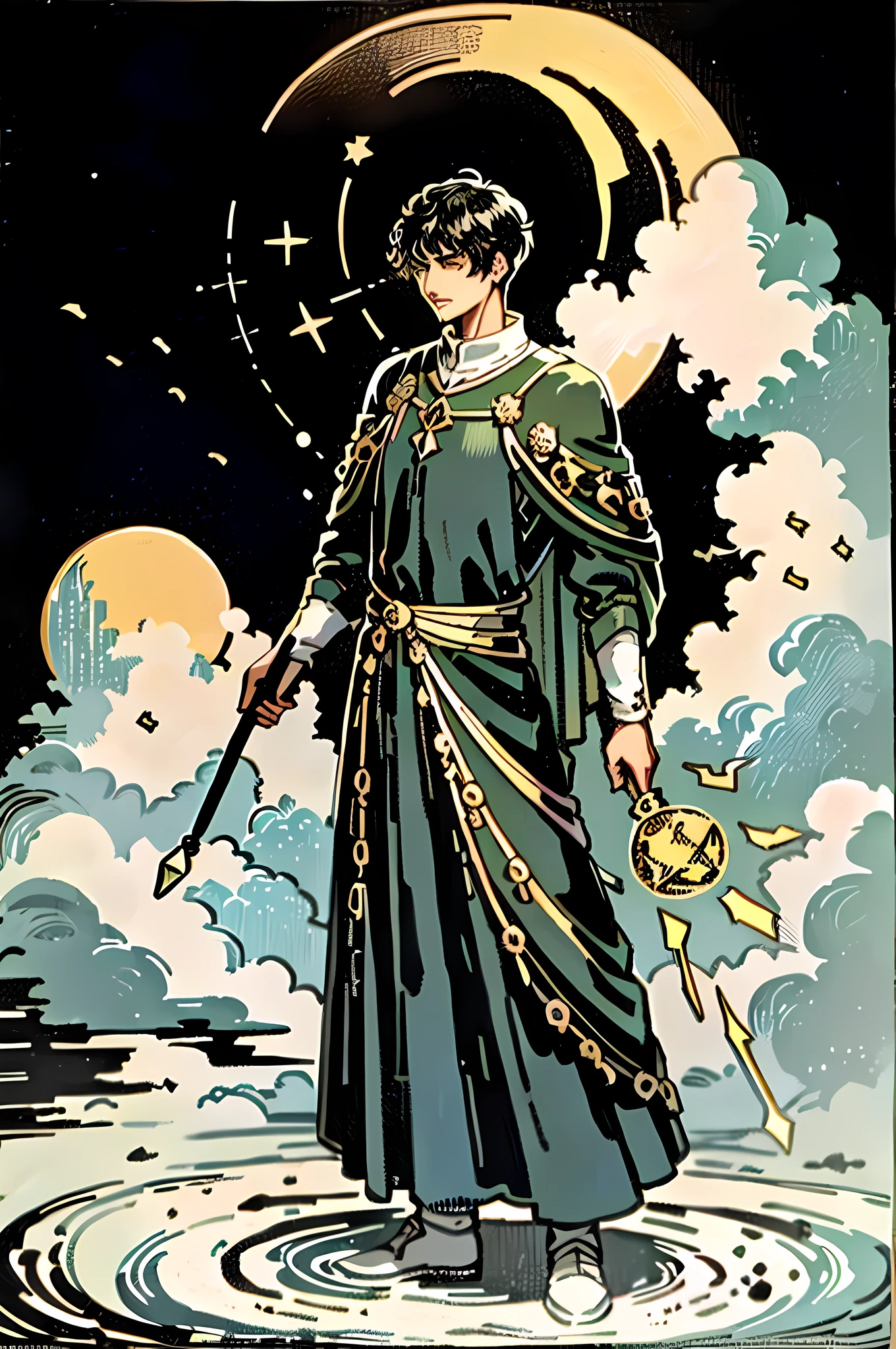 masterpiece, best quality, full body, tarot card, 1 man, calm, the moon, wisdom, knowledge, suit, short hair, black hair, muscle, brush cut, the king, white shirt