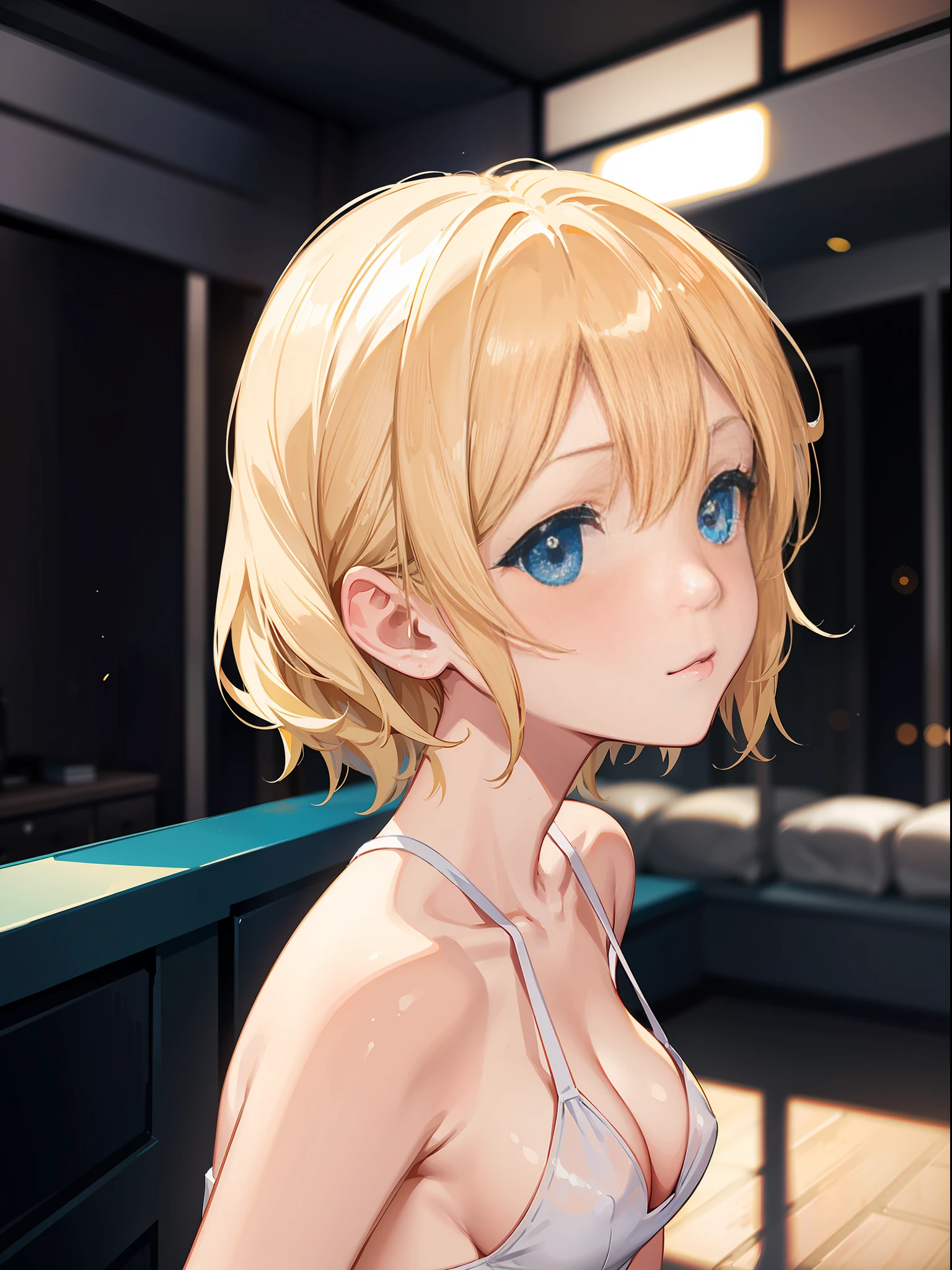 High Resolution, Best Quality, Slender Beautiful Girl, White Swimsuit, Do Not Blush, Club Room, Blonde, Short Cut, Kiss