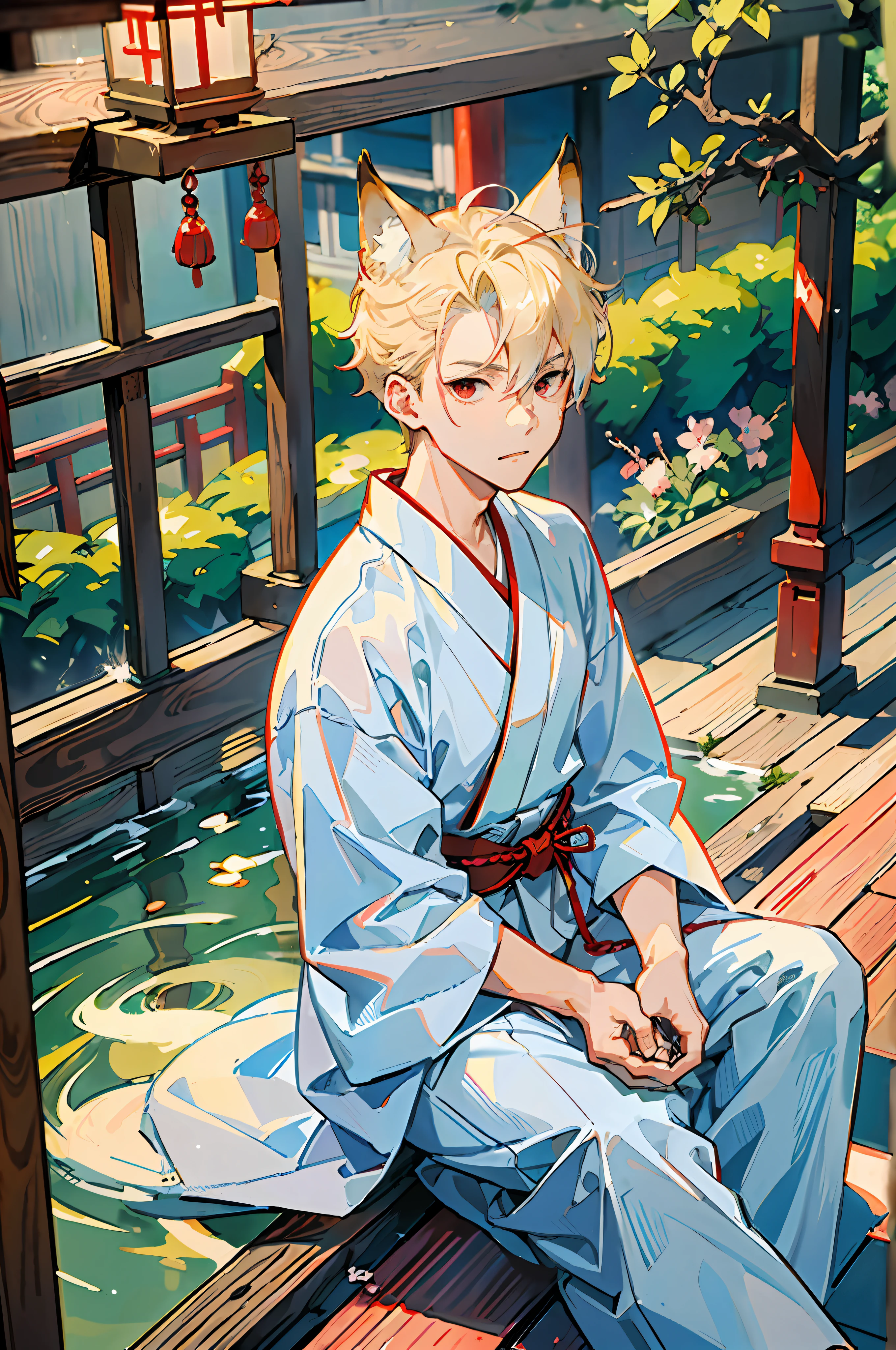 ((Masterpiece: 1.4, top quality)), one boy, blonde spiked hair and red eyes, (Japan Shinto priest, white and light blue hakama: 1.3), fox ears and tail, sitting on the porch and drinking, the scenery is a temple in Kyoto.