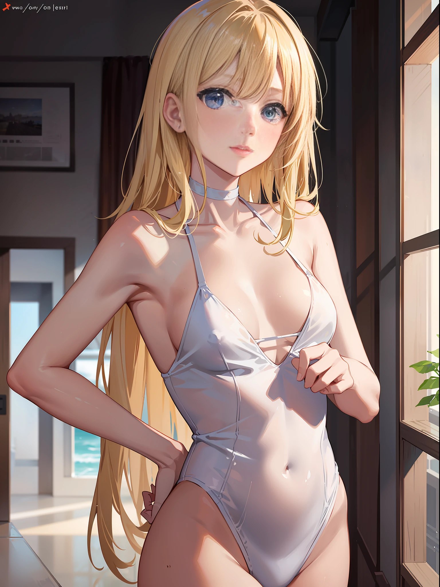 High Resolution, Best Quality, Slender Beautiful Girl, White Swimsuit, Do Not Blush, Club Room, Blonde, Short Cut, Kiss