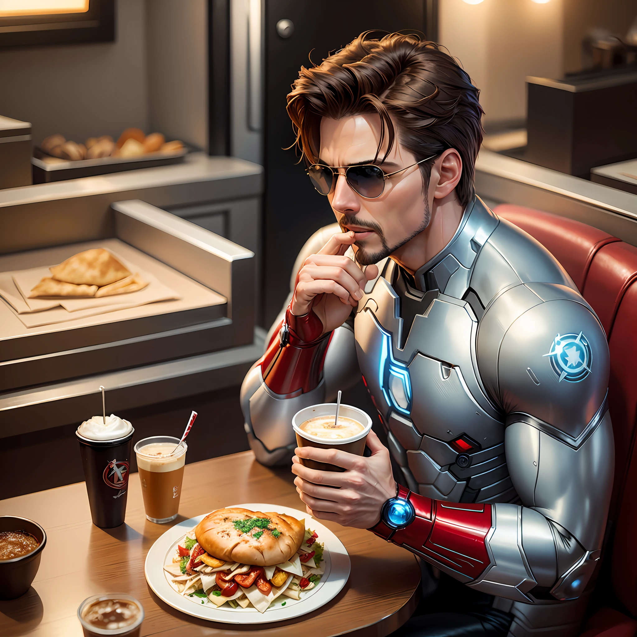 Tom Cruise as Tony Stark, wearing an Iron Man costume, without a mask, eating shawarma and drinking coffee at the Illuminati base, with Leonardo Dicaprio as Steve Rogers --auto --s2